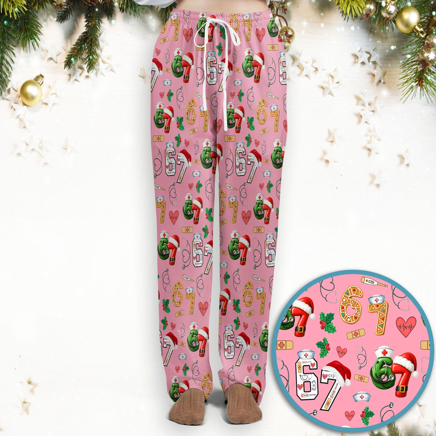 Christmas Nurse 67 Pattern Scrub Set, Cute Holiday Medical Uniform With Santa Hat, Uniform For Nursing