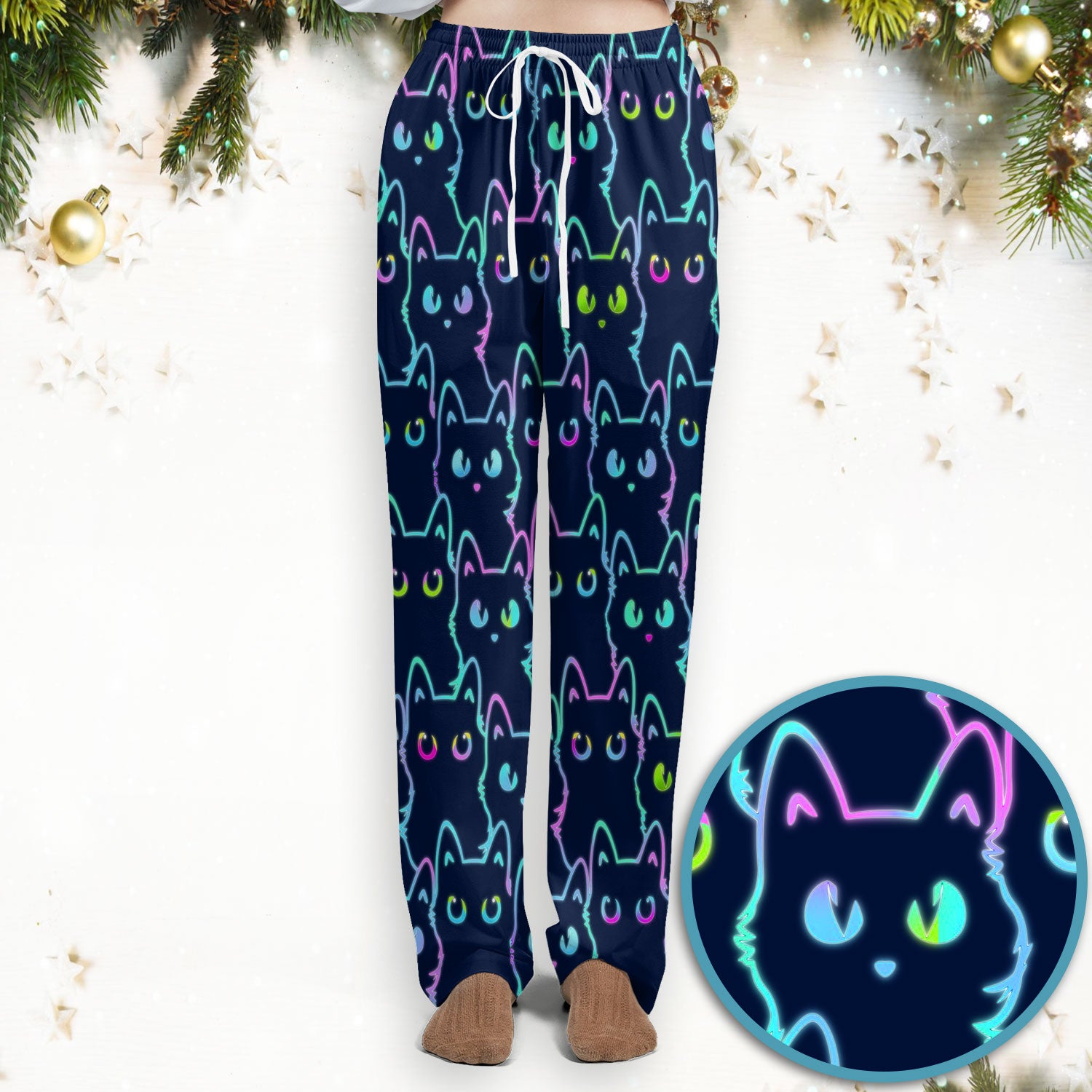 Neon Cat Pattern Scrub Set, Black Cat Scrub Shirt, Breathable Fabrics Nursing Uniform