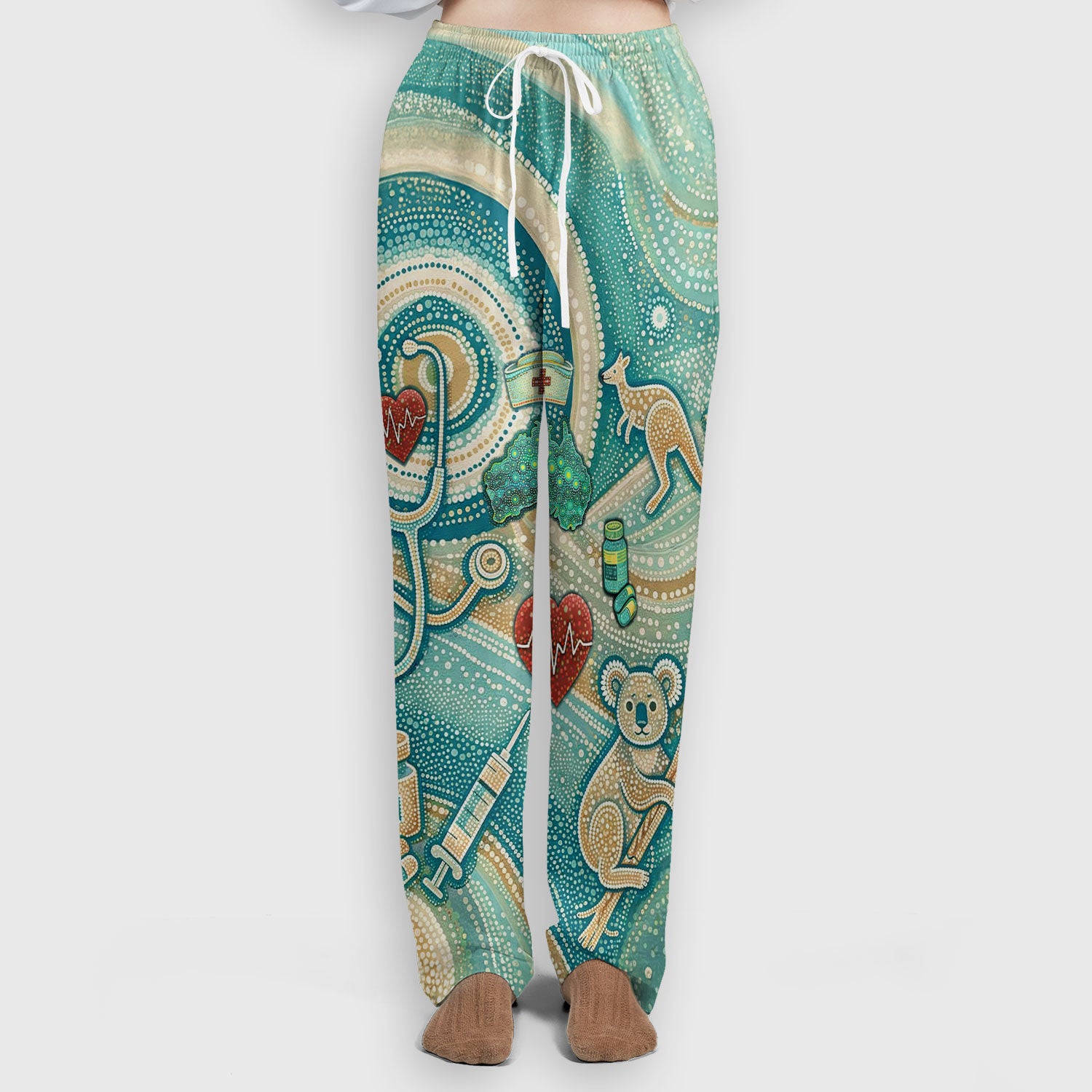 Australian Wildlife Dot Art Inspired - Koala Gangaroo Aussie Medical Scrub Set - Women Uniform