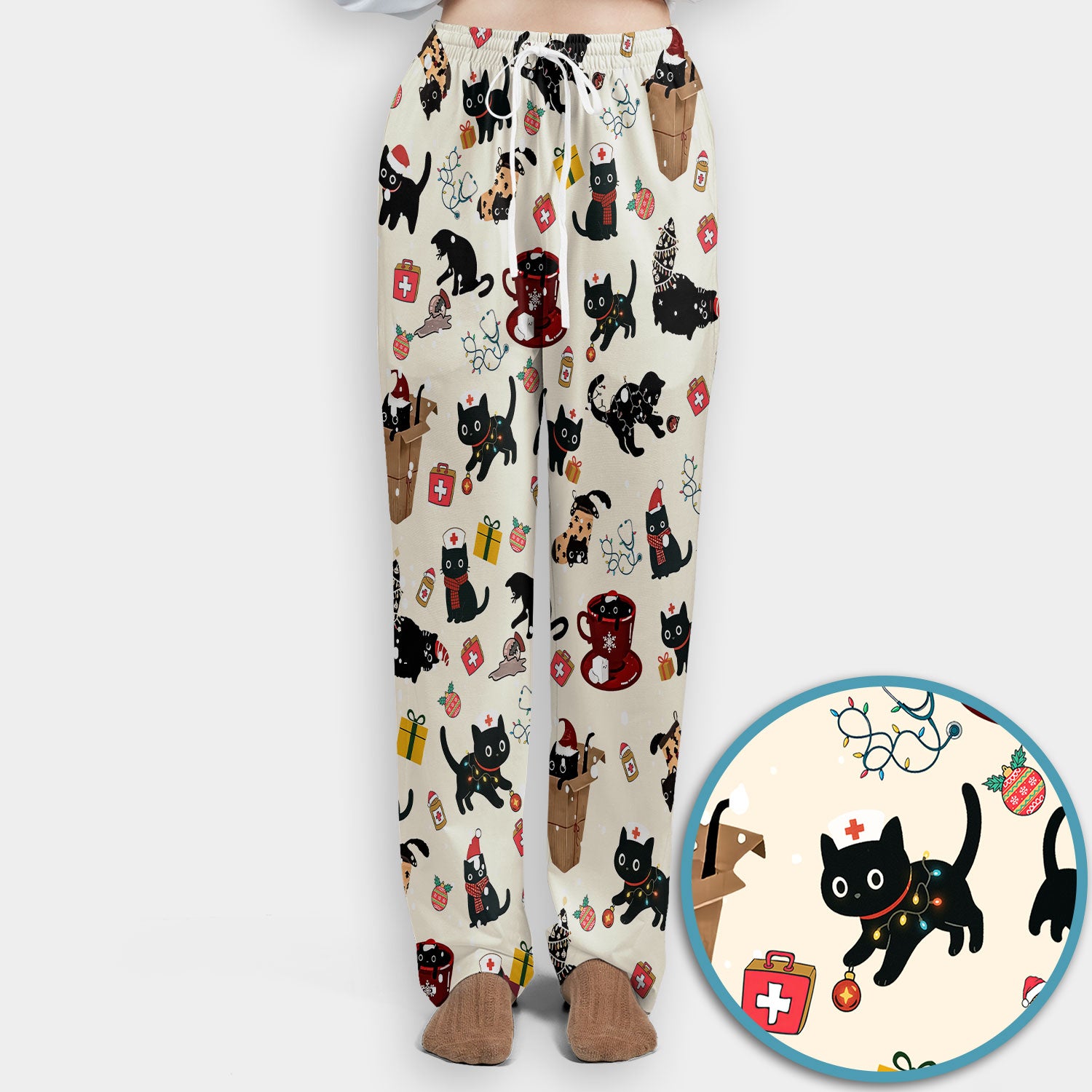 Funny Cat Scrub Sets for Women - Christmas Black Cats Pants and V Neck Top - Breathable Fabrics Nursing Uniform