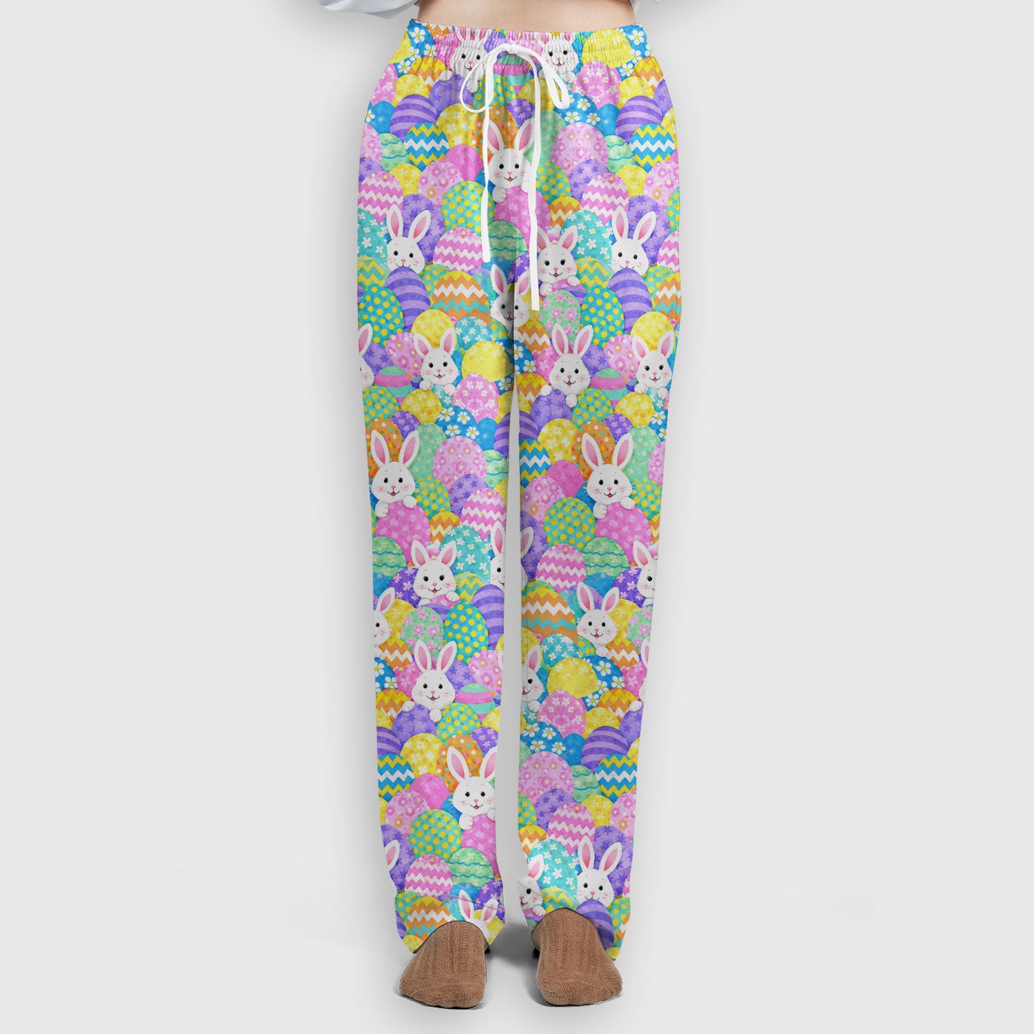 Easter Bunny Colorful Egg Pattern Print Scrub Set, Scrub Pants and V Neck Top