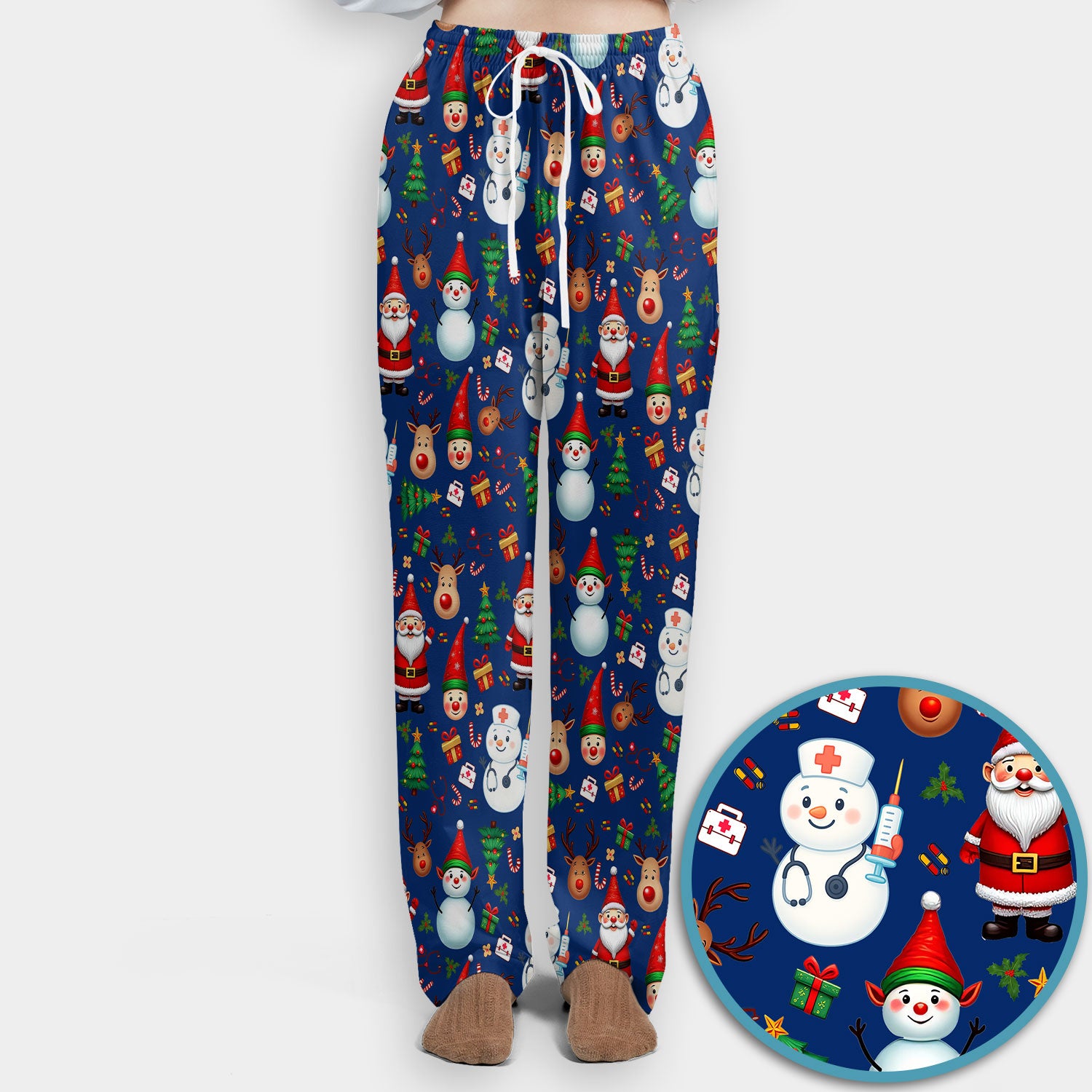 Christmas Nurse Scrub Set - Cute Snowman Santa Reindeer Pattern Medical Uniform - Festive Holiday Scrubs Pants and V Neck Top