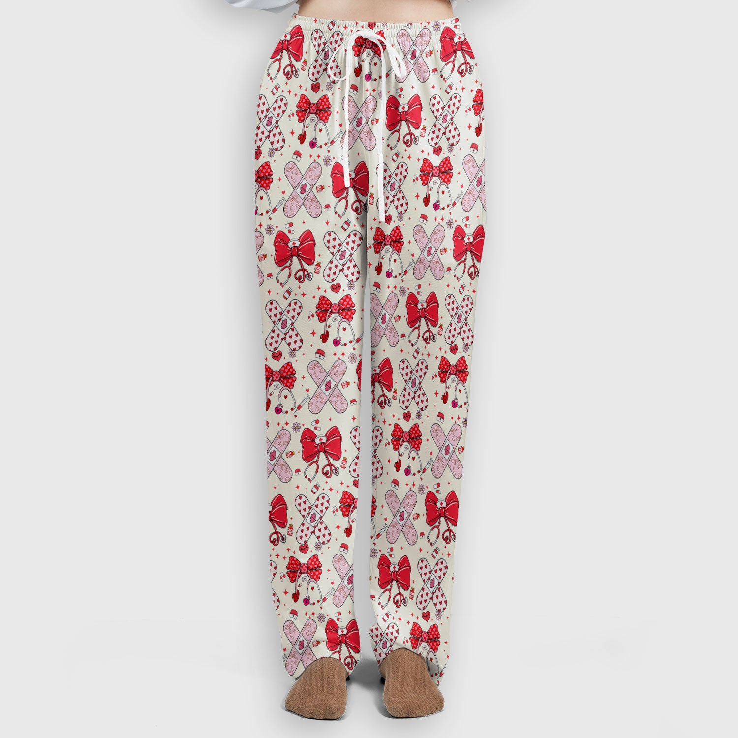 Valentine Nurse Scrub Set, Red Bow And Heart Bandage Pattern Medical Shirt, Breathable Fabrics Nursing Uniform