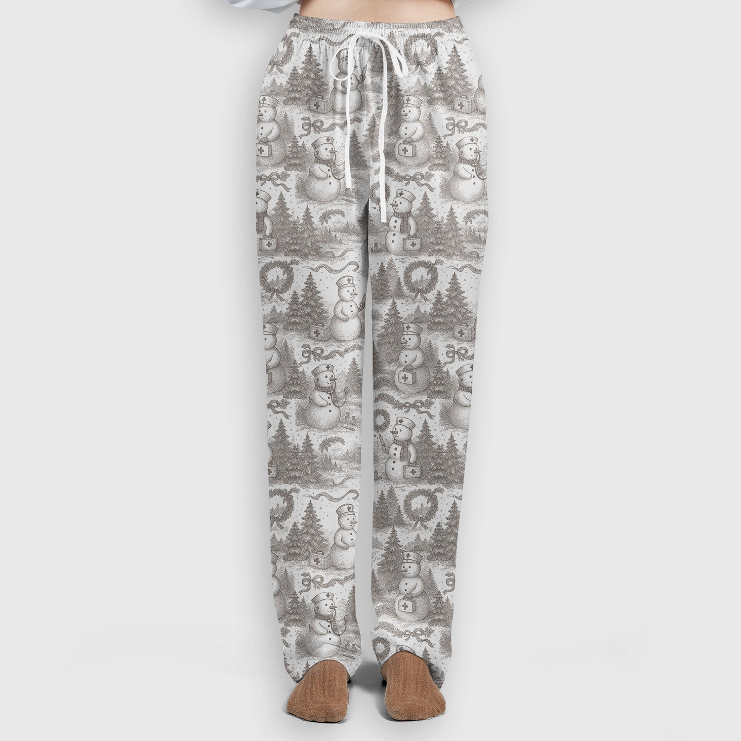 Toile de Jouy Christmas Scrubs Set – Elegant Snowman and Nurse Pattern – Classic Holiday Scrub Top and Pants for Women