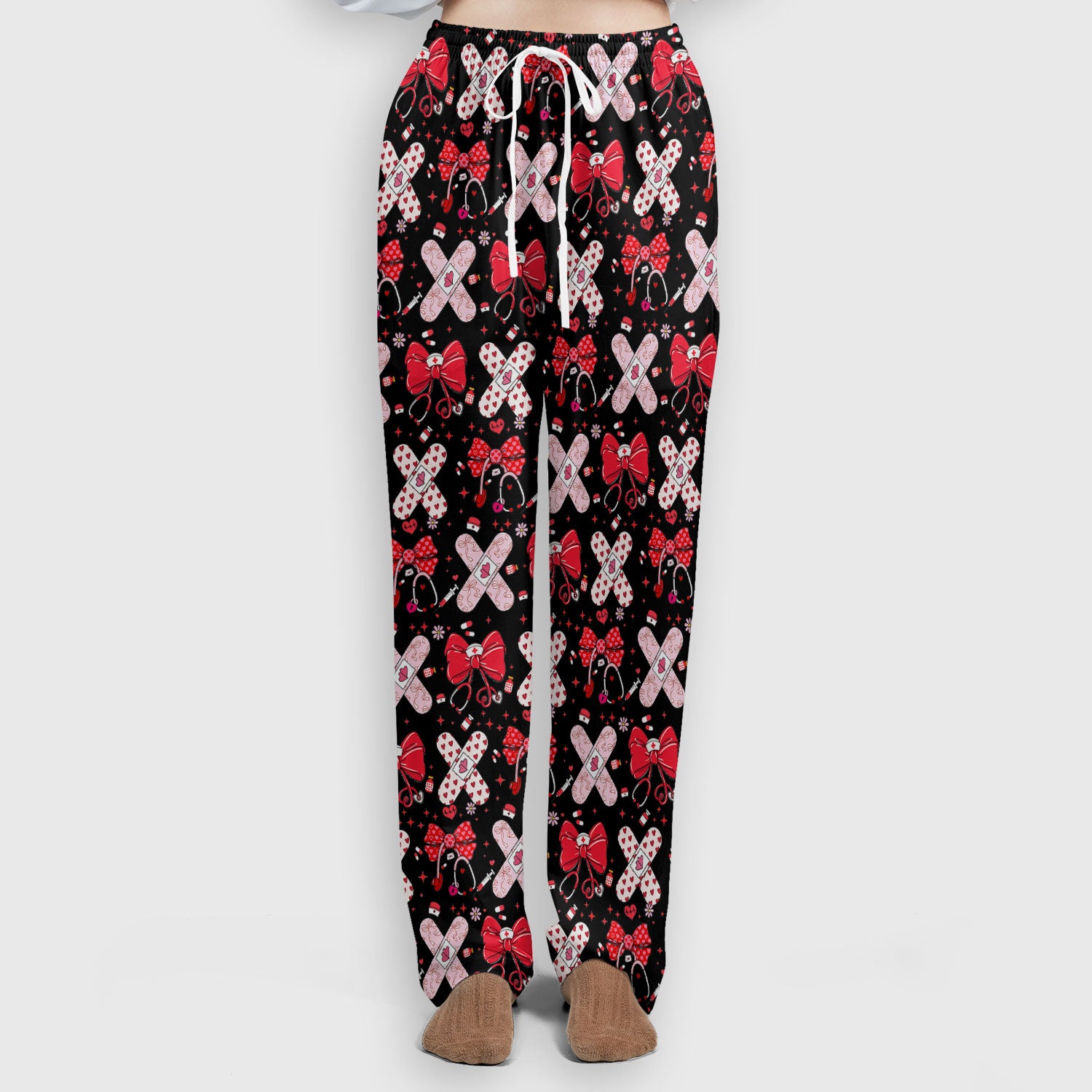 Valentine Nurse Scrub Set, Red Bow And Heart Bandage Pattern Medical Shirt, Breathable Fabrics Nursing Uniform