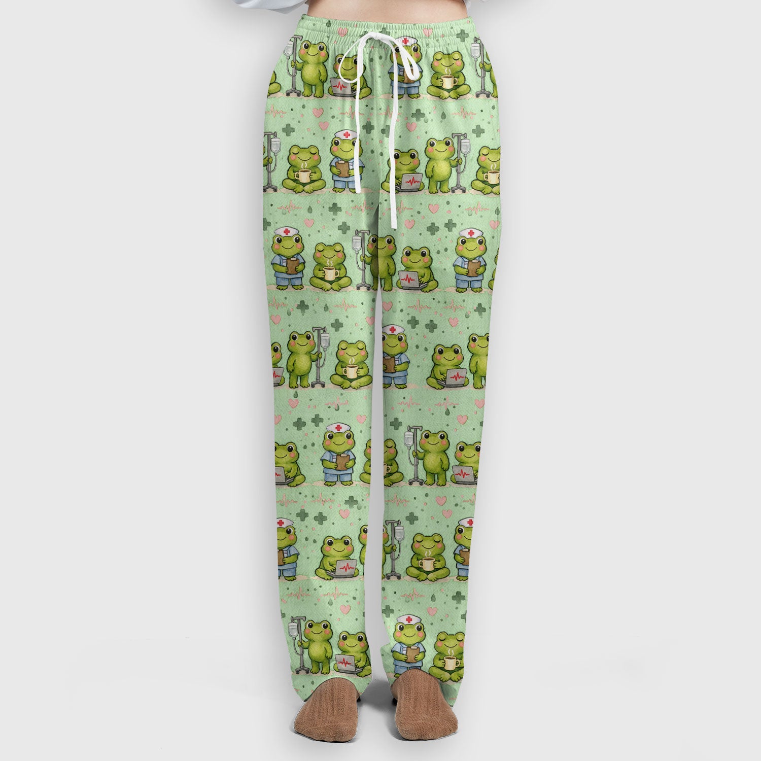 Adorable Frog Nurse Various Poses Print Scrub Set, Breathable Med Uniform