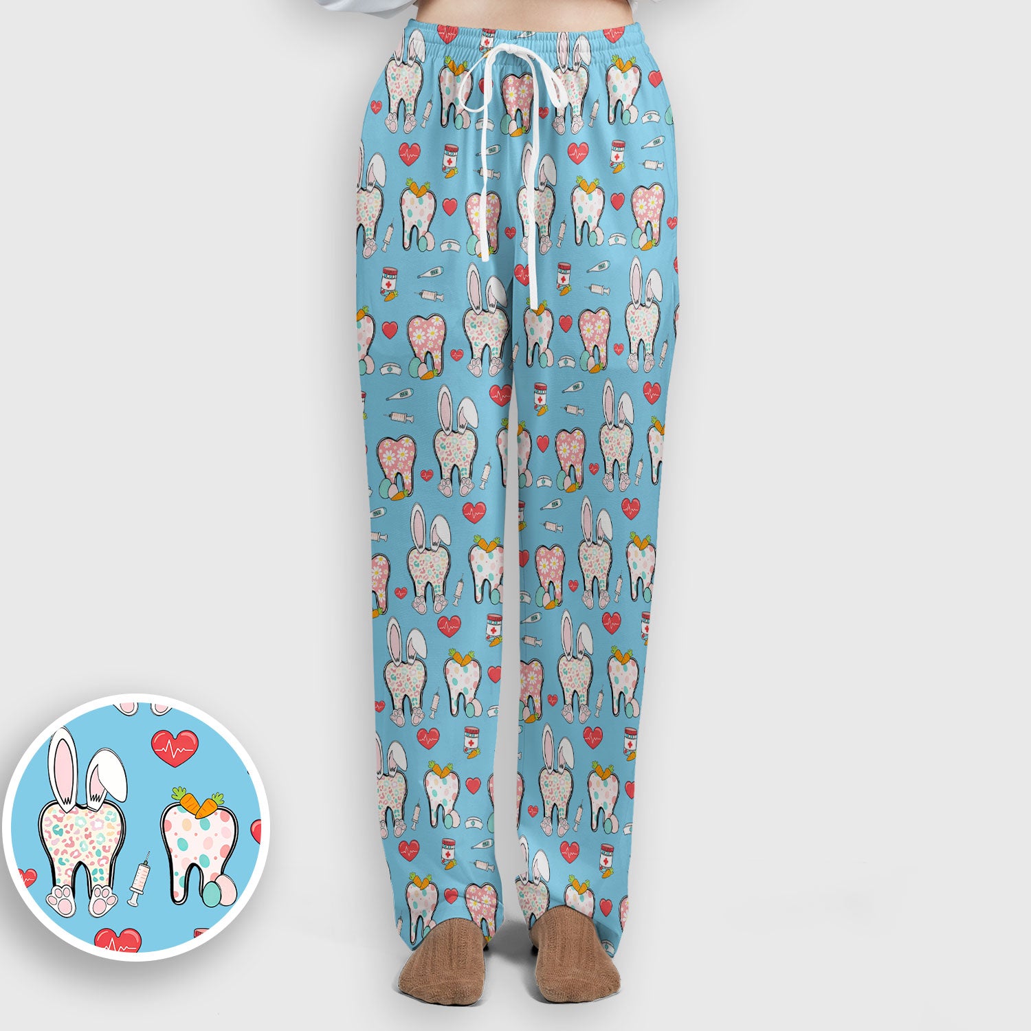 Playful Bunny Dentist Illustration Medical Set, Scrub Pants and V Neck Top