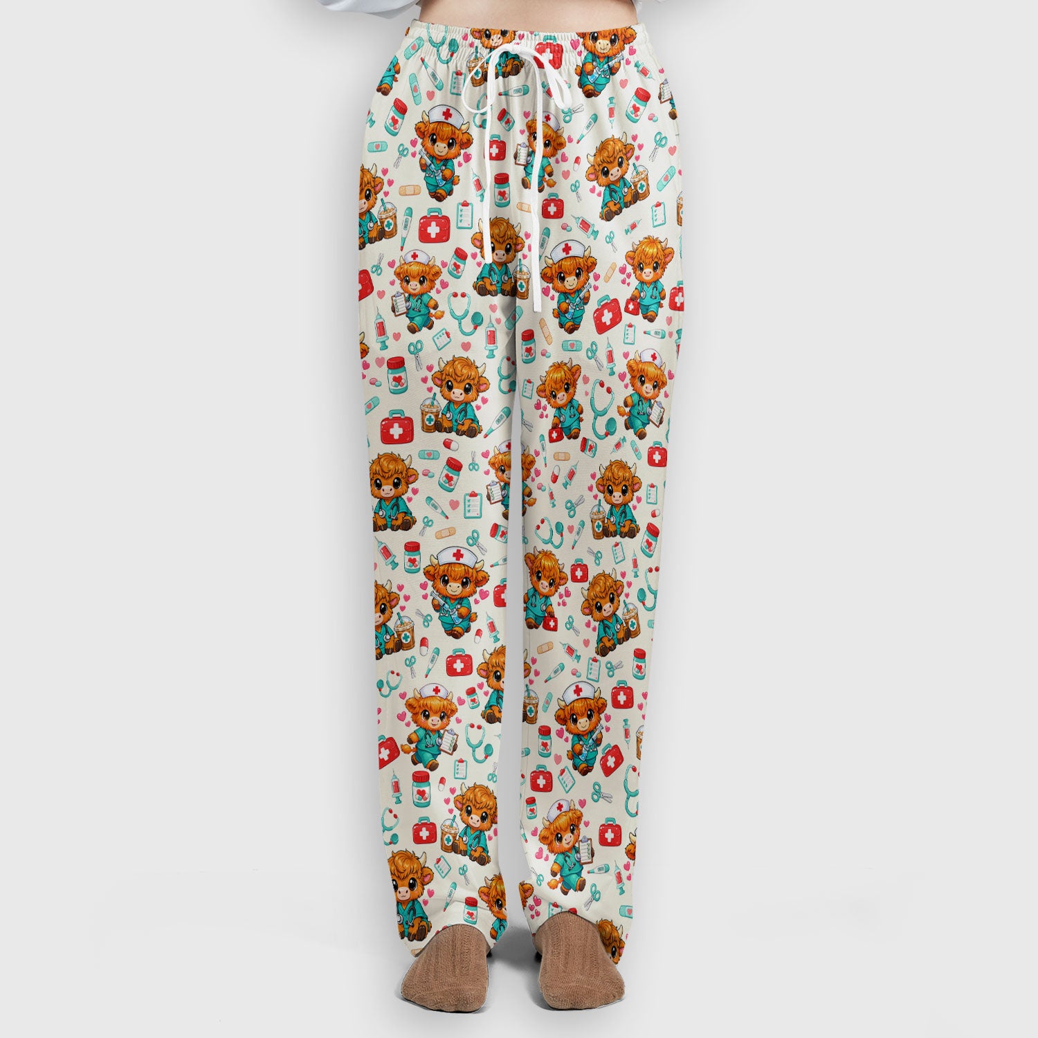 Cute Highland Cow Nurse Scrub Set, Kawaii Medical Pattern Shirt, Breathable Fabrics Nursing Uniform