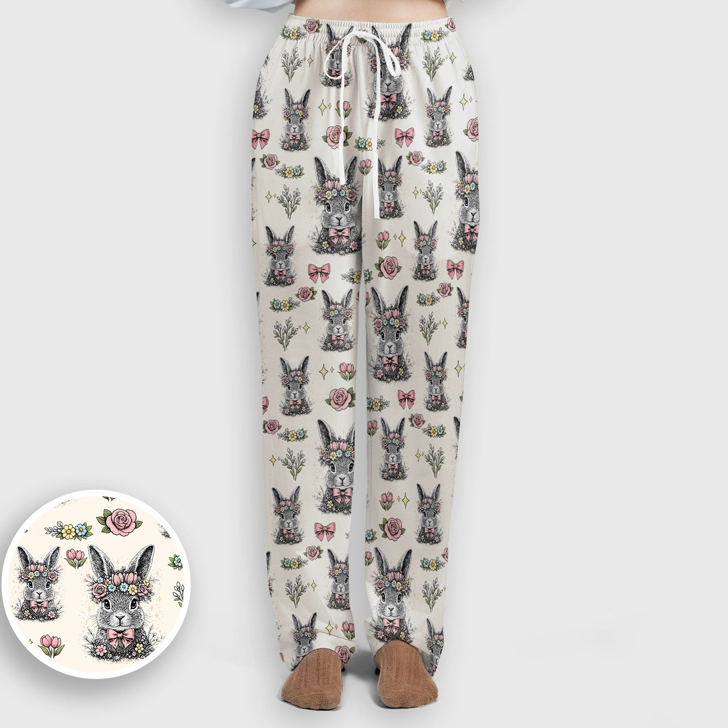 Vintage Floral Bunny Print Scrub Set, Scrub Pants and V Neck Top