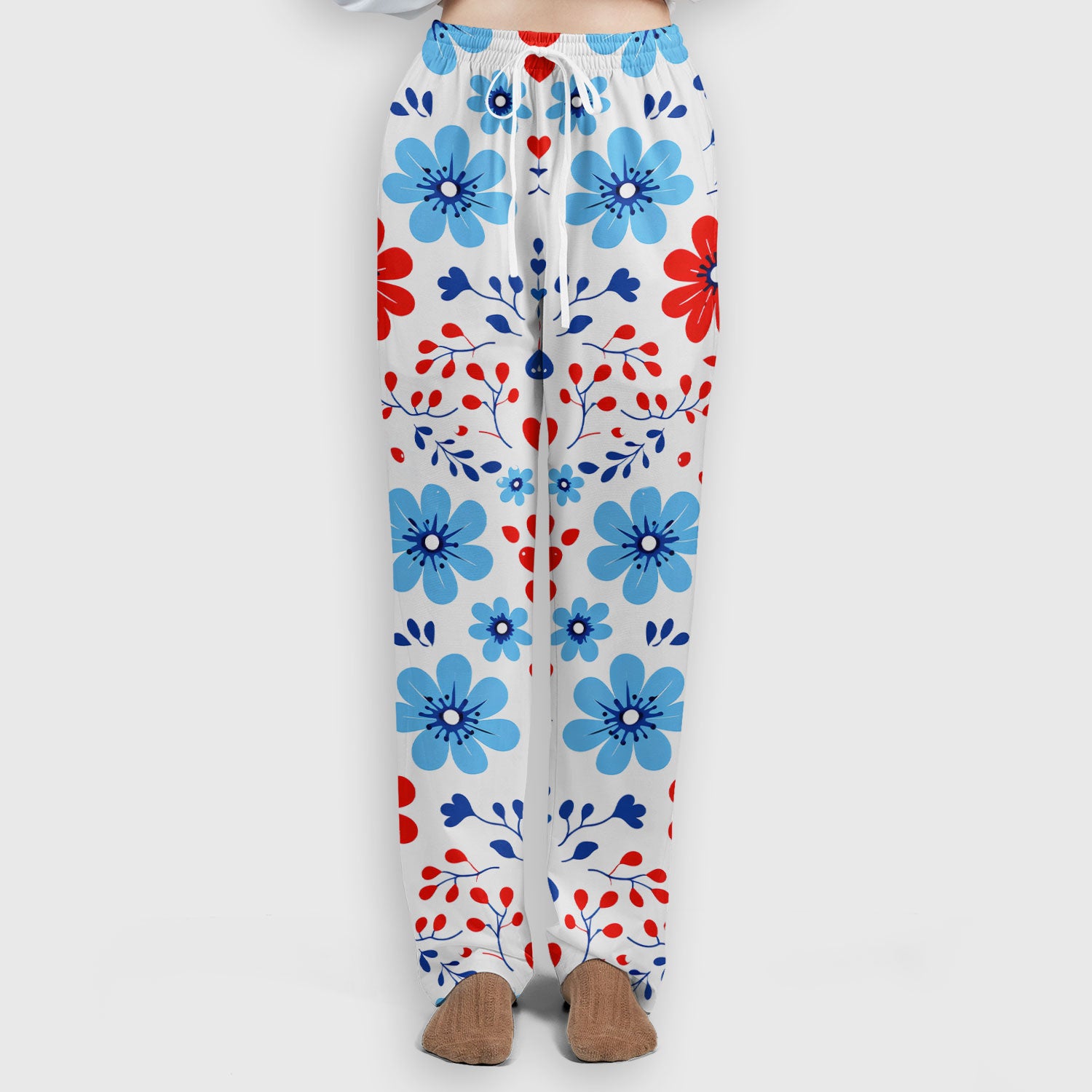 Symmetrical Folk Floral Heart Pattern Scrub Set, Scrub Pants and V Neck Top