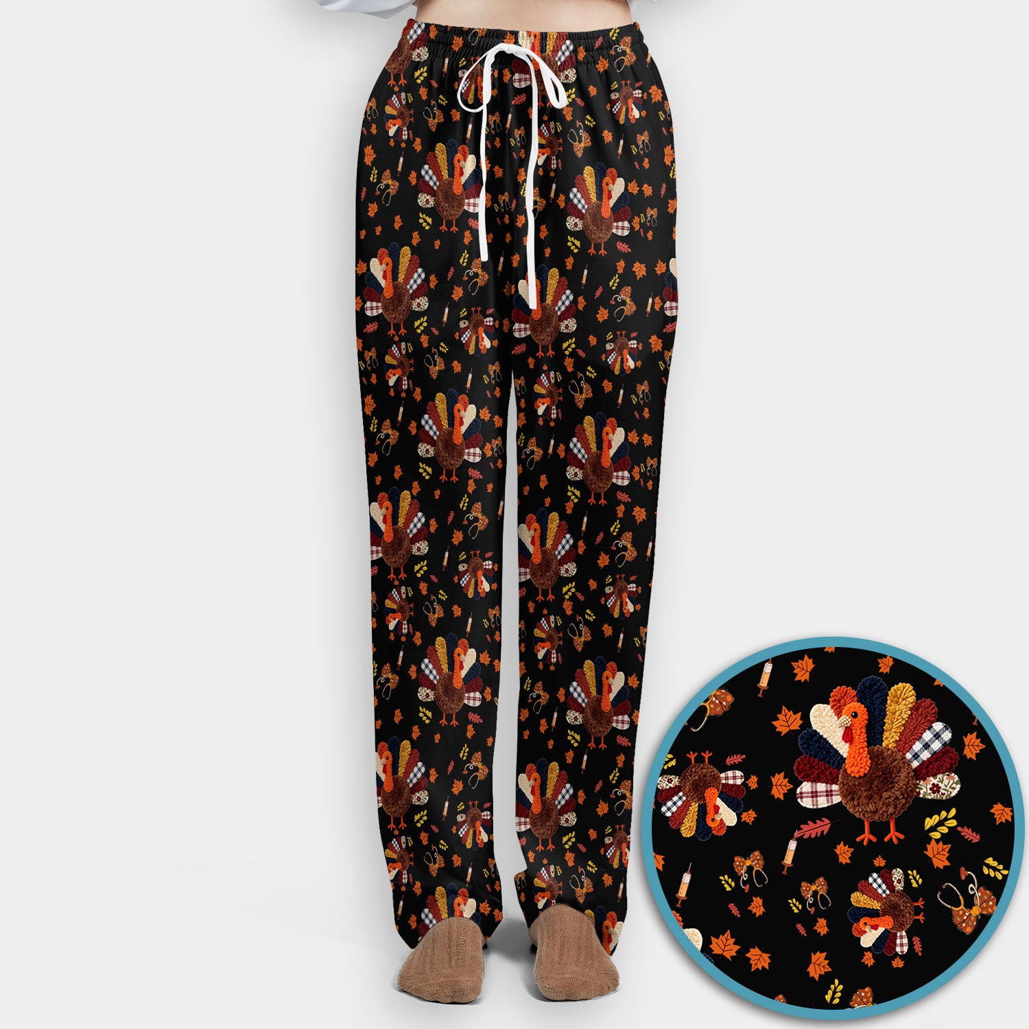 Thanksgiving Women's Scrub Sets - Funny Autumn Turkey Pants and V Neck Top - Breathable Fabrics Nursing Uniform