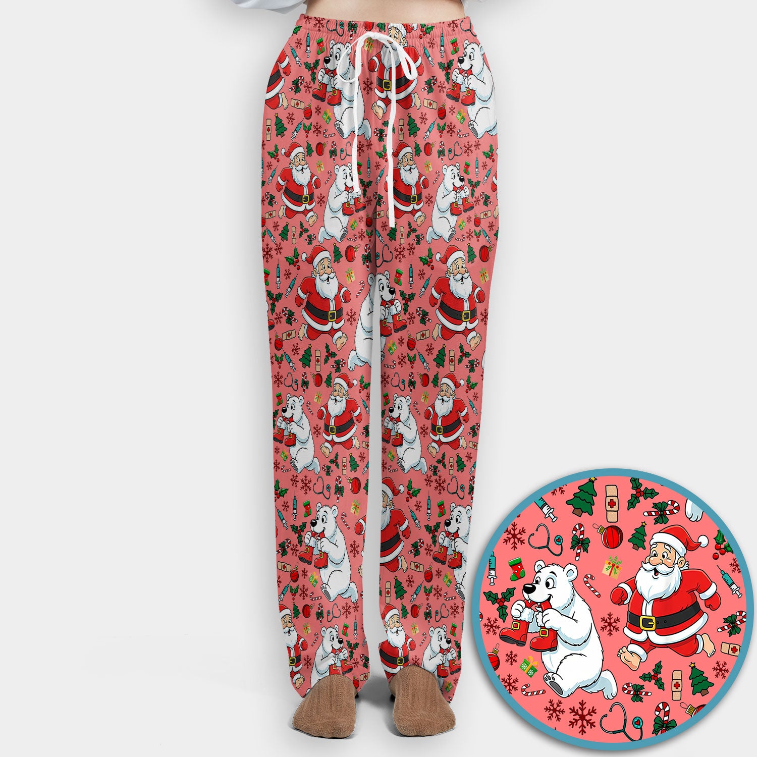Christmas Santa & Polar Bear Scrub Set - Funny Holiday Nursing Pants and V Neck Top - Cute Winter Medical Uniform