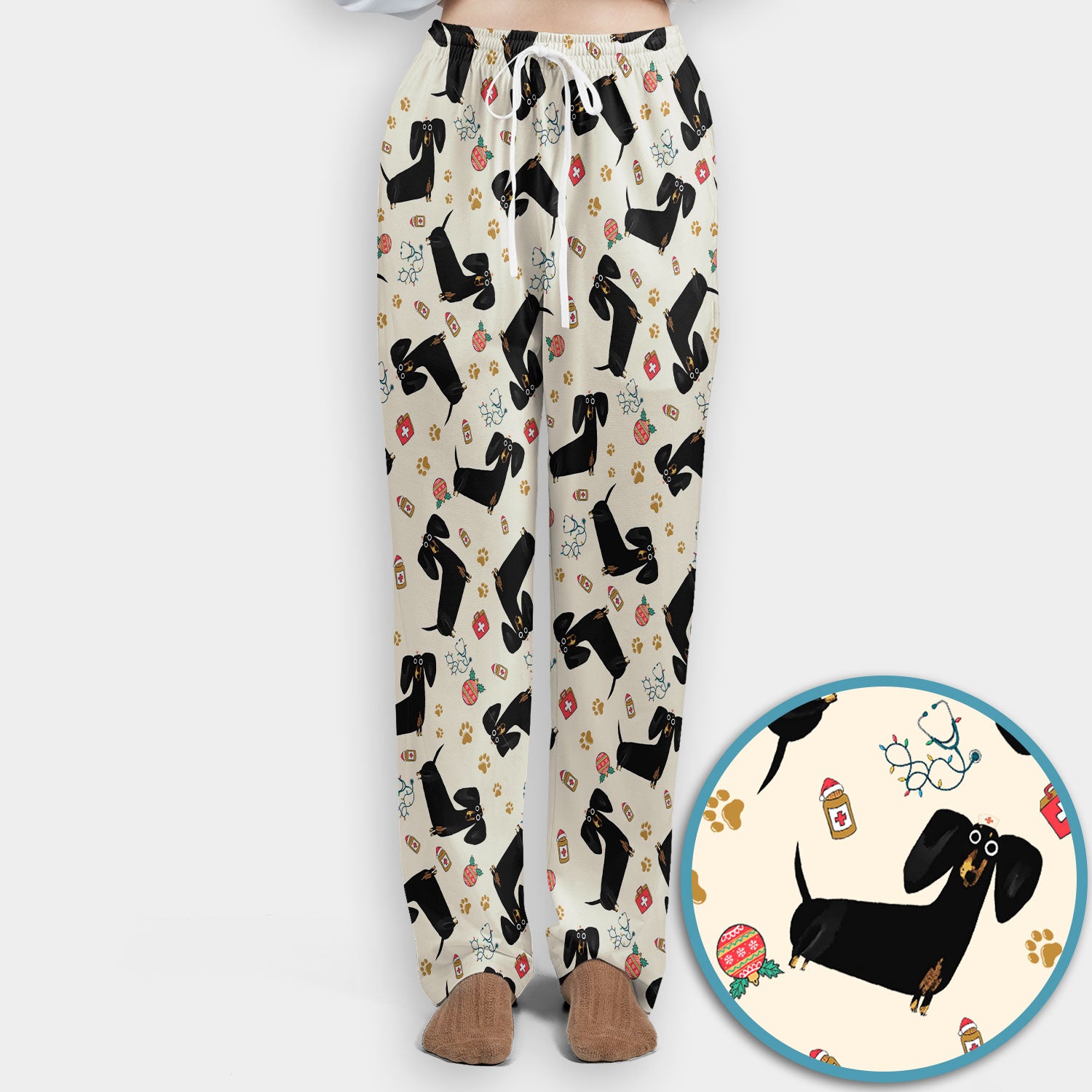 Funny Black Dachshund Scrub Set for Nurses - Cute Wiener Dog Scrubs Pants and V Neck Top - Puppy Lover Nursing Gift for Women