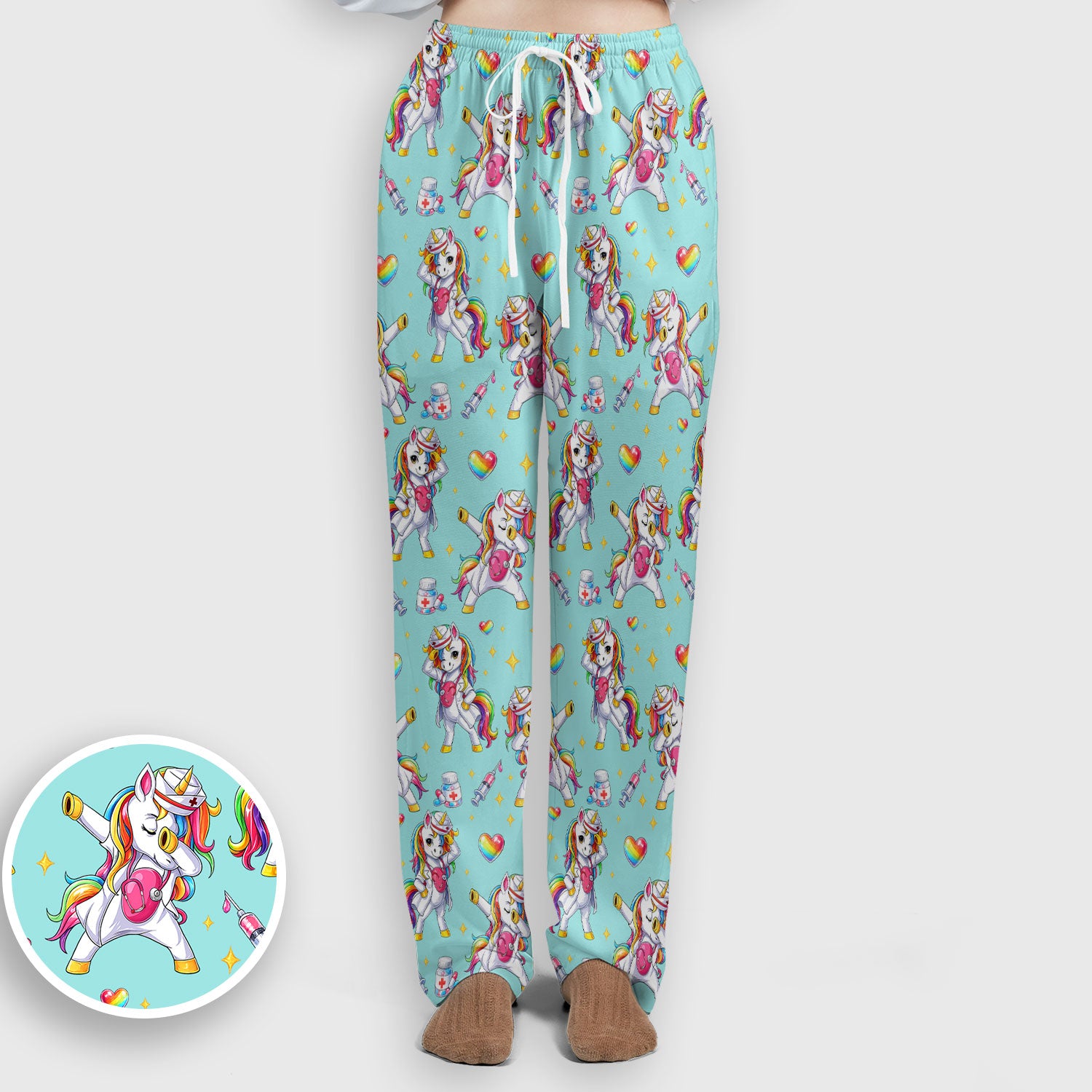 Playful Nurse Unicorn Rainbow Pattern Scrub Set, Breathable Med Uniform