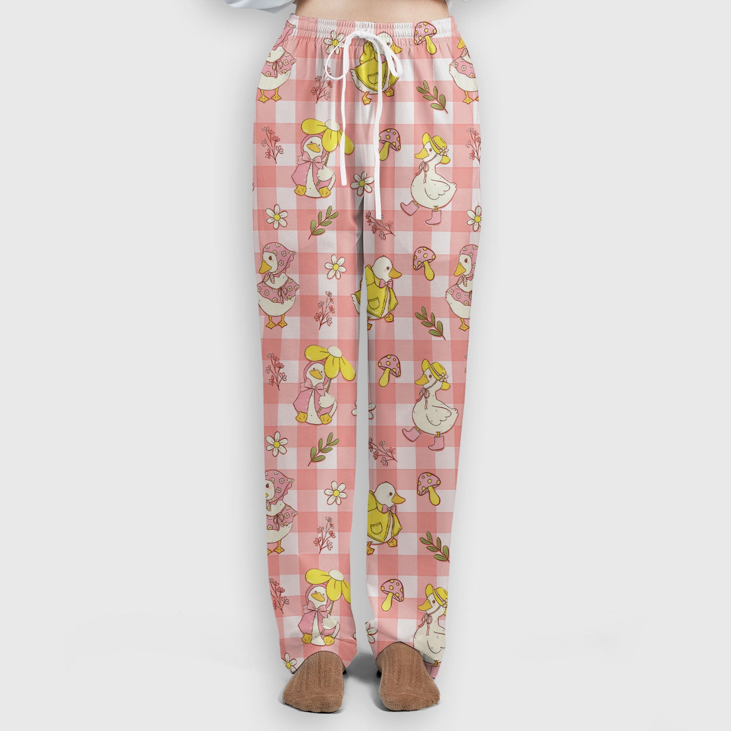 Cute Duck Outfit Gingham Pattern Scrub Set, Scrub Pants and V Neck Top