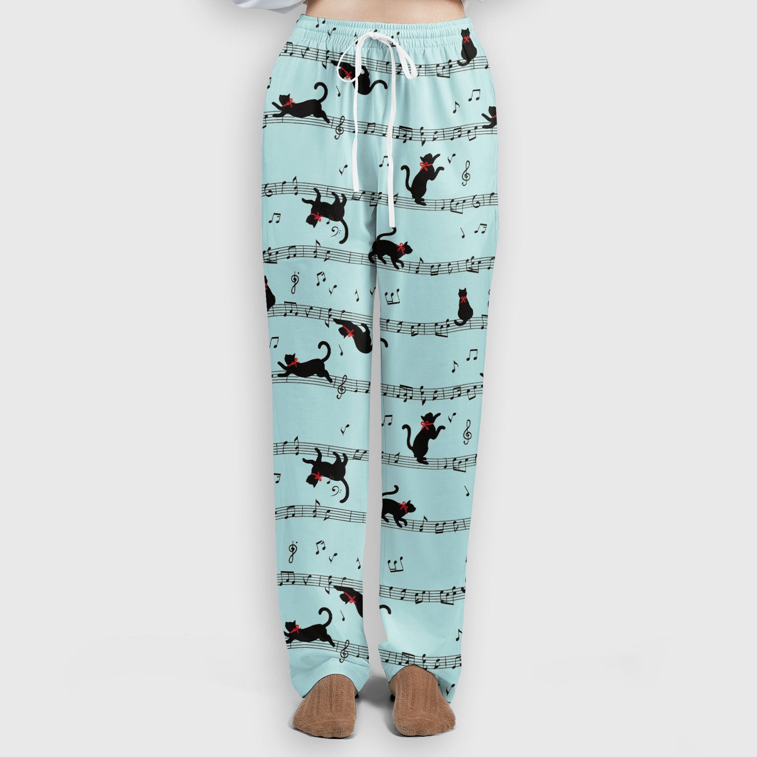 Cute Dancing Black Cat Music Staff Pattern Scrub Set, Scrub Pants and V Neck Top