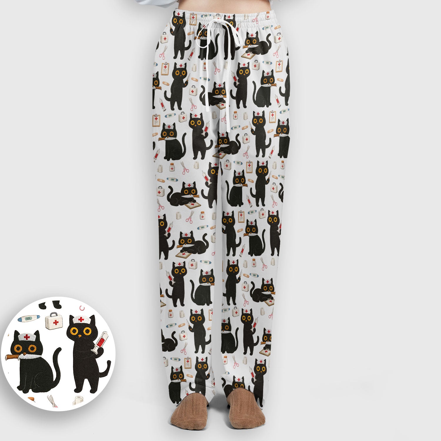 Cute Black Cat Nurse Pattern Women's Scrub Set, Breathable Med Uniform