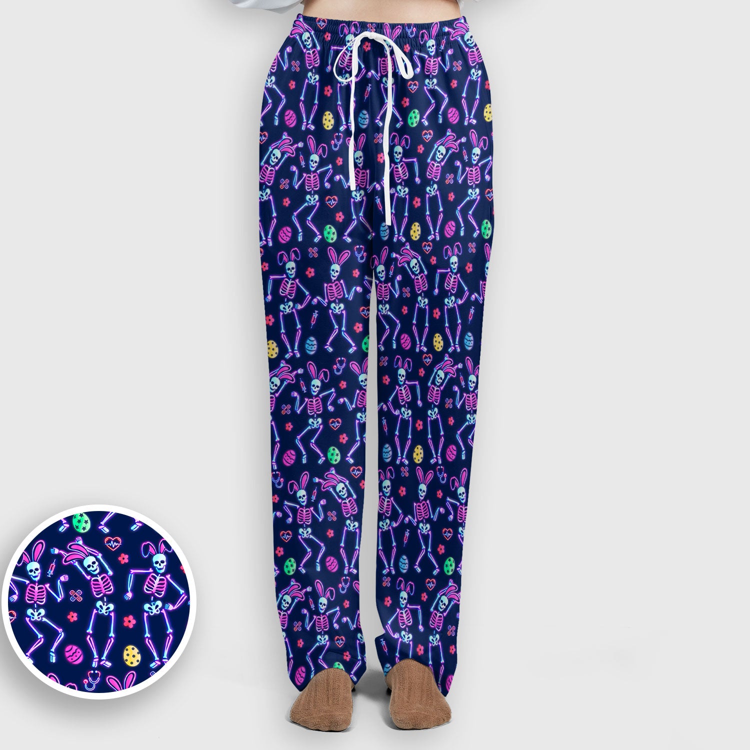 Neon Easter Skeleton Print Scrub Set, Scrub Pants and V Neck Top