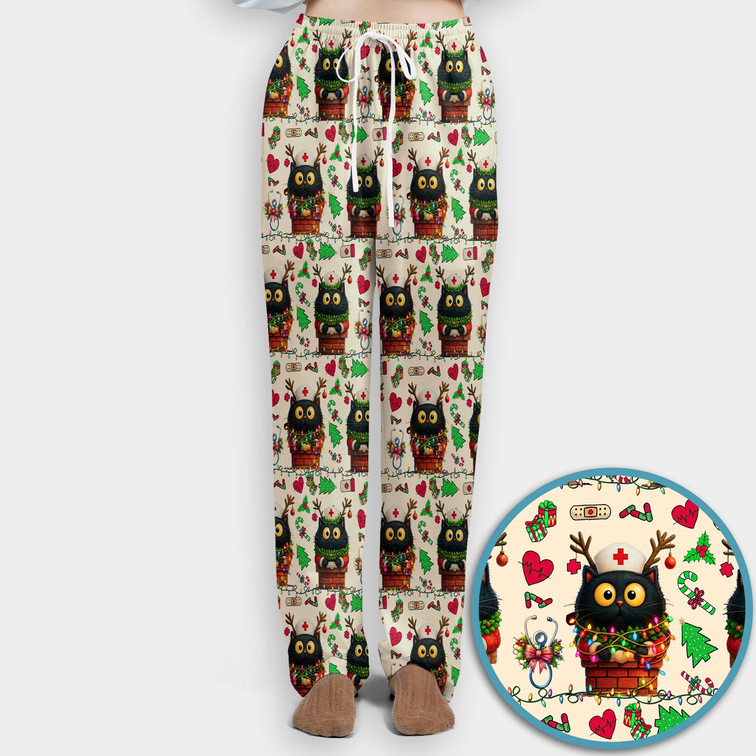 Funny Black Cat Scrub Set for Nurse - Cute Reindeer Cat with Christmas Lights - Festive Holiday Medical Uniform - Kitten Lover Gift