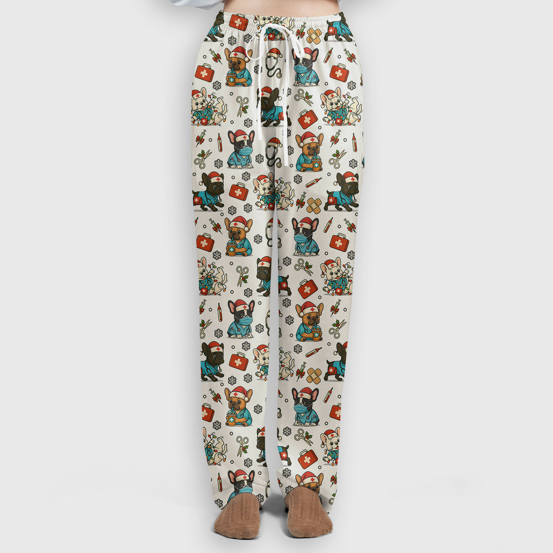 Christmas Dog Nurse Scrub Set for Women - Cute French Bulldog Pattern Scrub Top and Pants - Funny Holiday Nursing Outfit Gift for RN LPN CNA