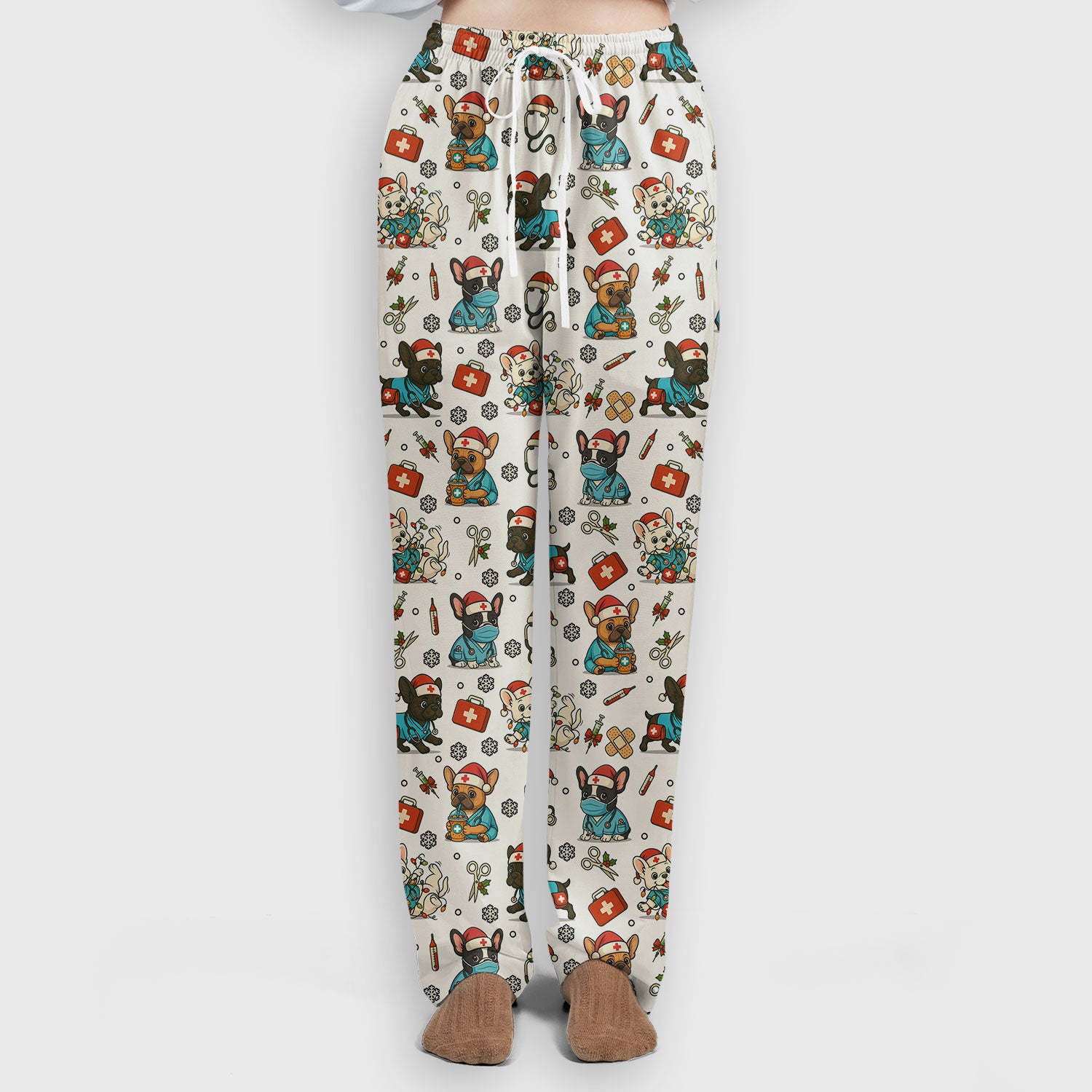 Christmas Dog Nurse Scrub Set for Women - Cute French Bulldog Pattern Scrub Top and Pants - Funny Holiday Nursing Outfit Gift for RN LPN CNA