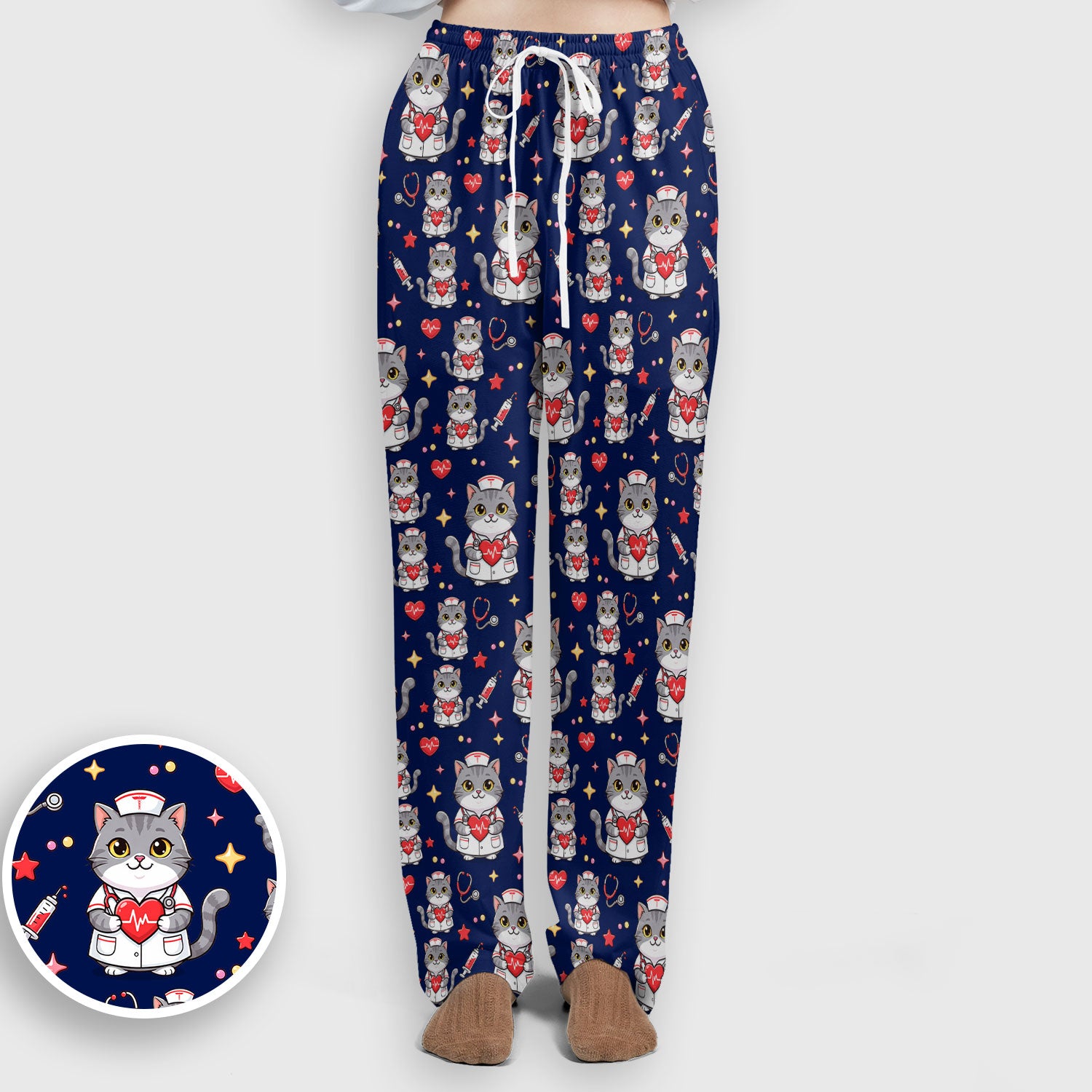 Cute Nurse Cat Heart Medical Print Scrub Set, Scrub Pants and V Neck Top