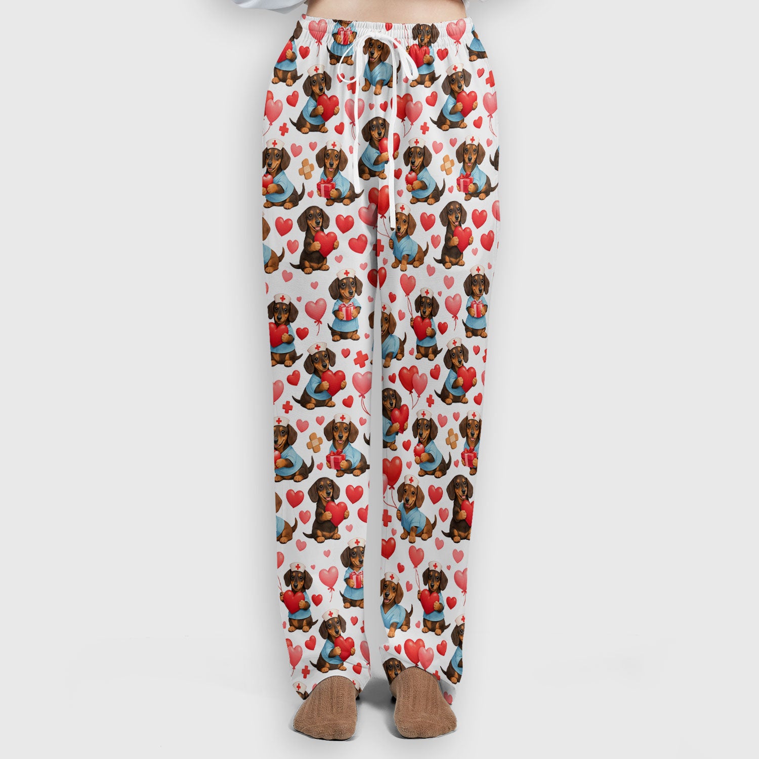 Dachshund Valentine Nurse Scrub Set, Cute  Wiener Dog Medical Pattern Shirt, Breathable Fabrics Nursing Uniform