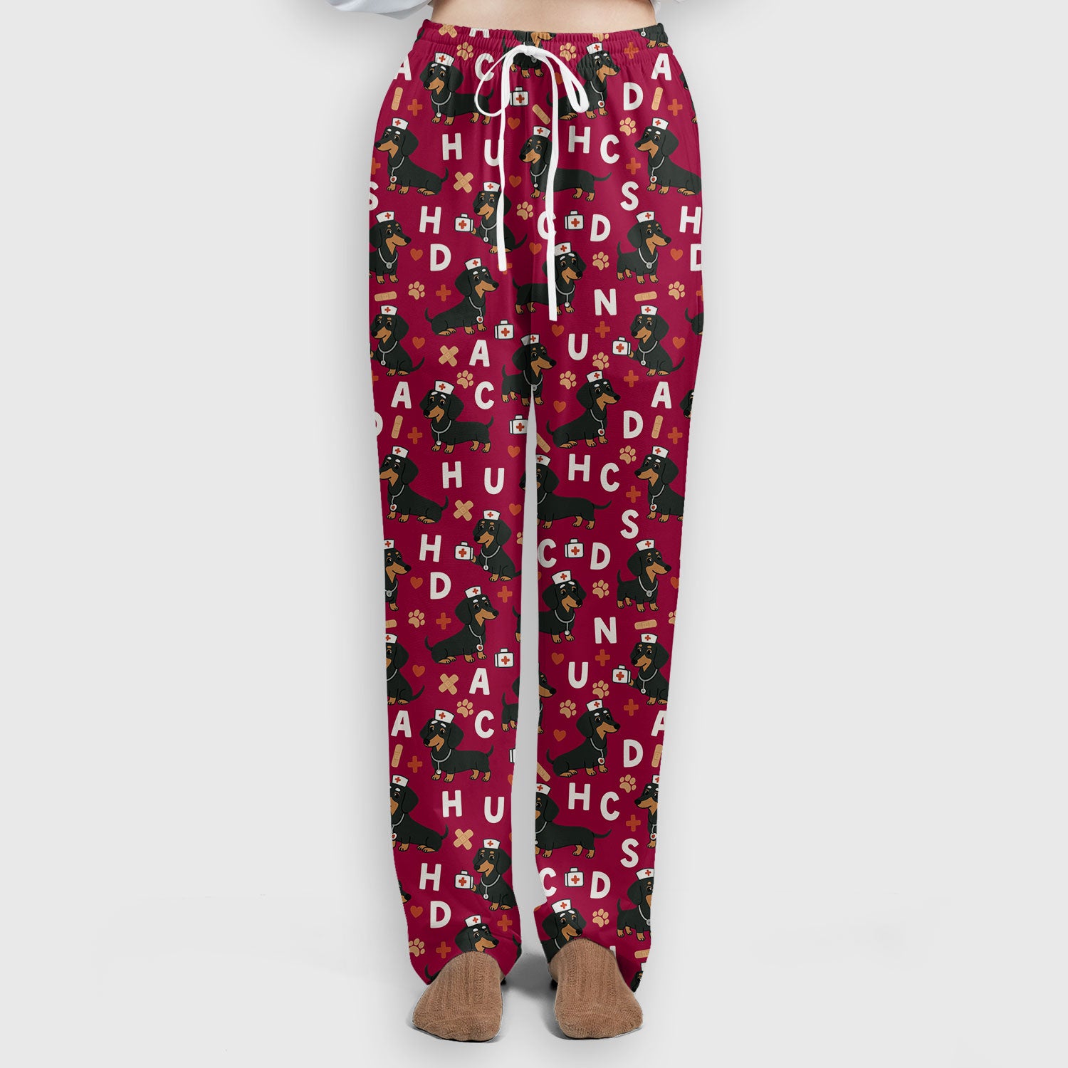 Dachshund Nurse Scrub Set for Women - Cute Sausage Dog Pattern Scrubs Top and Pants - Funny Animal Print Gift for RN LPN CNA