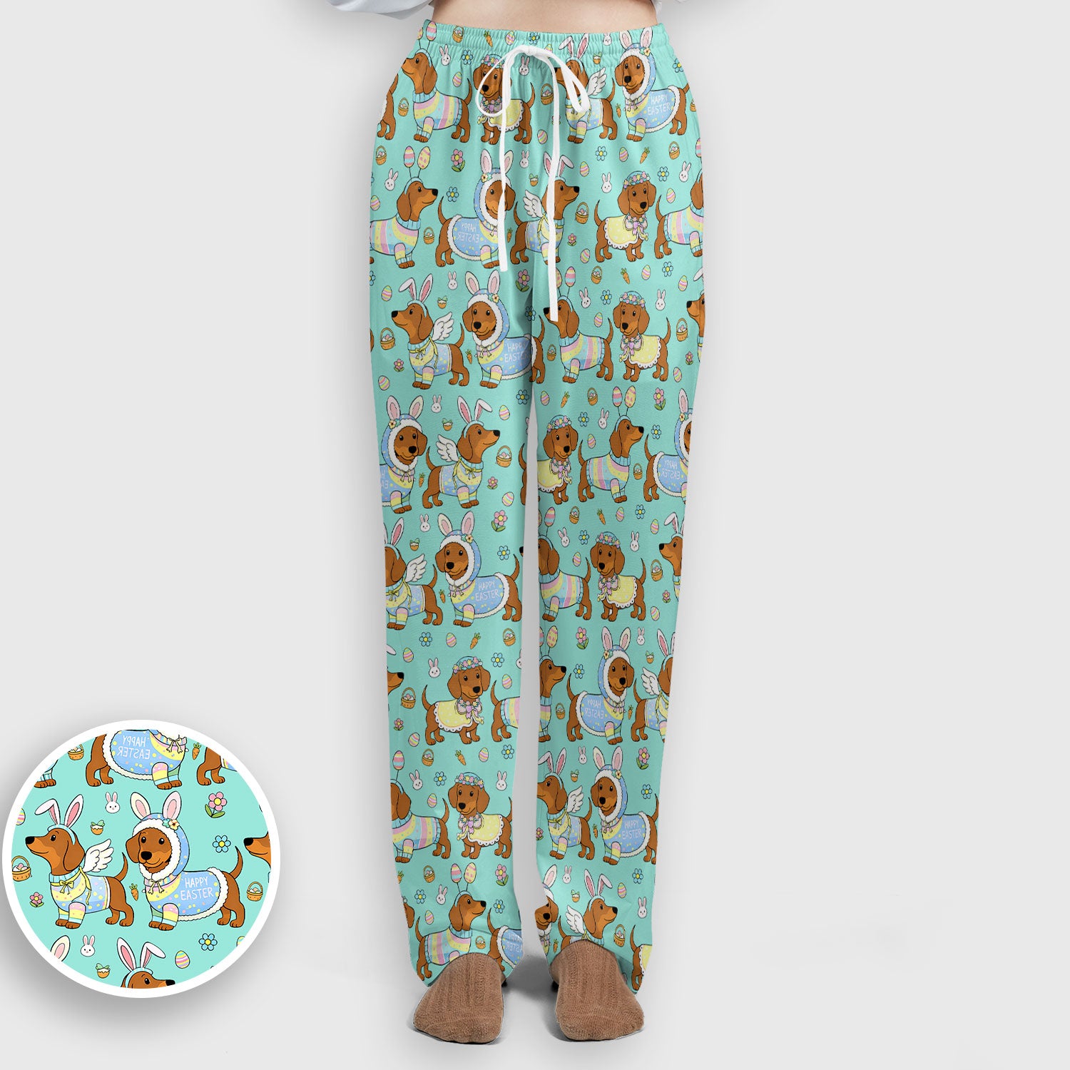 Easter Dachshund Bunny Pattern Scrub Set, Scrub Pants and V Neck Top