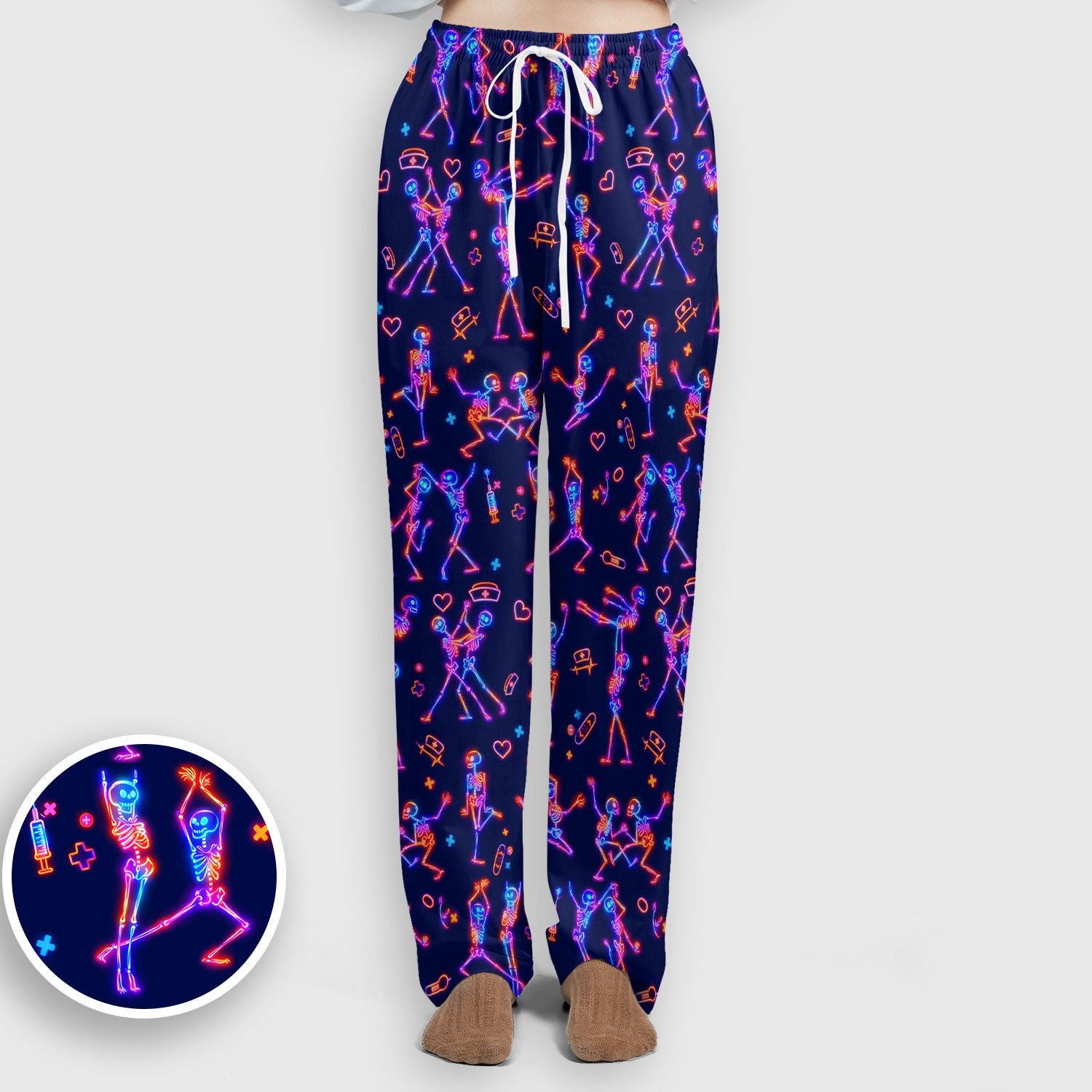 Neon Dancing Skeleton Medical Pattern Set, Scrub Pants and V Neck Top