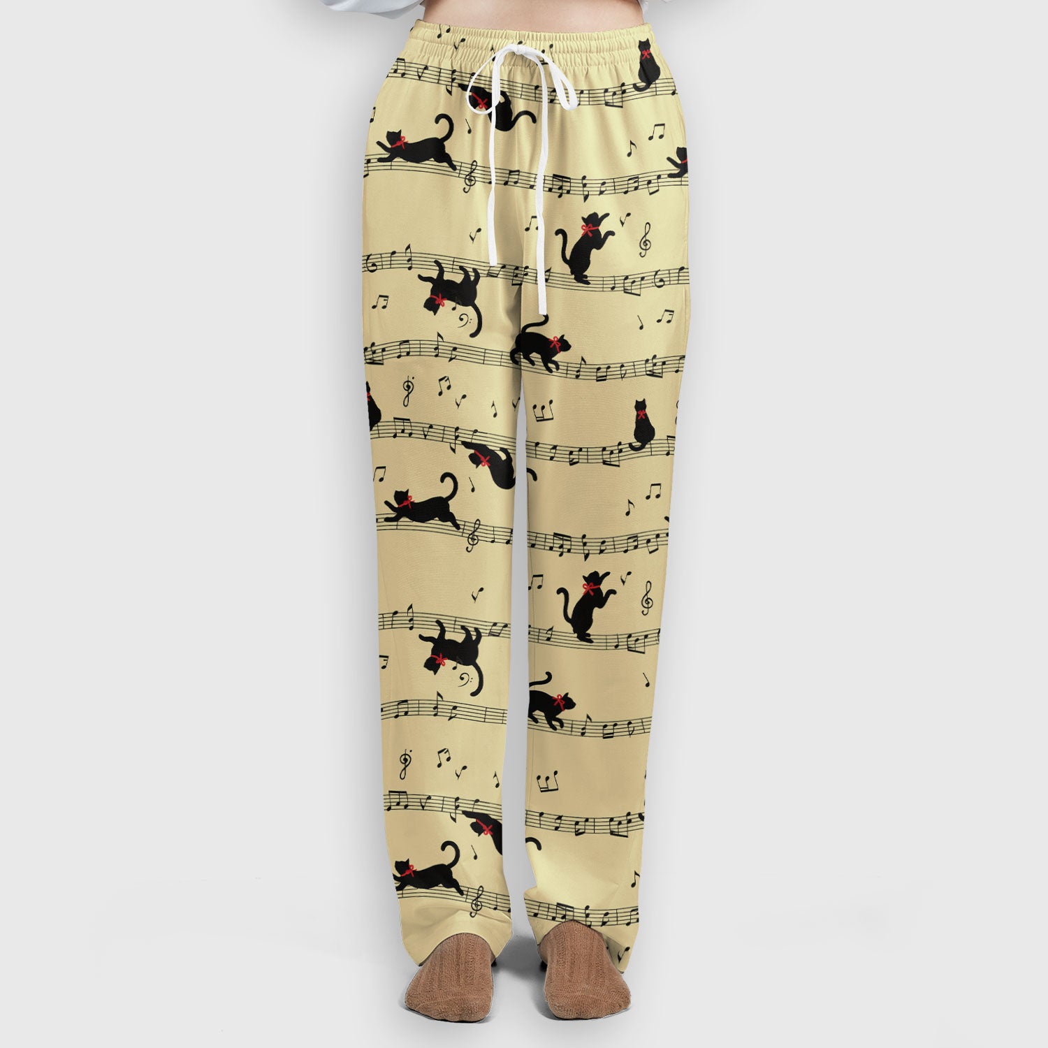 Cute Dancing Black Cat Music Staff Pattern Scrub Set, Scrub Pants and V Neck Top