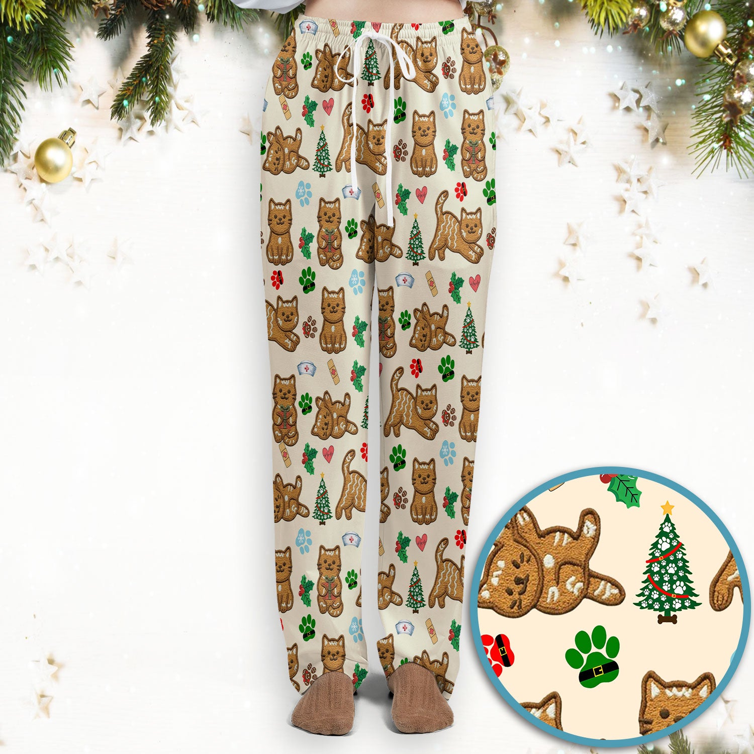 Gingerbread Cat Christmas Scrub Set, Cute Holiday Kitty Medical Uniform Shirt For Nursing, Festive Nurse Pattern