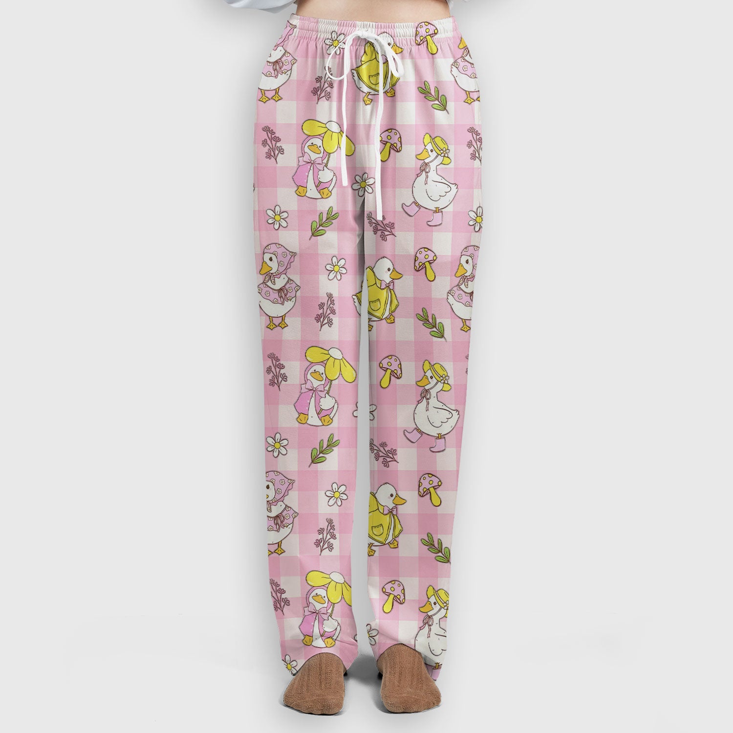 Cute Duck Outfit Gingham Pattern Scrub Set, Scrub Pants and V Neck Top