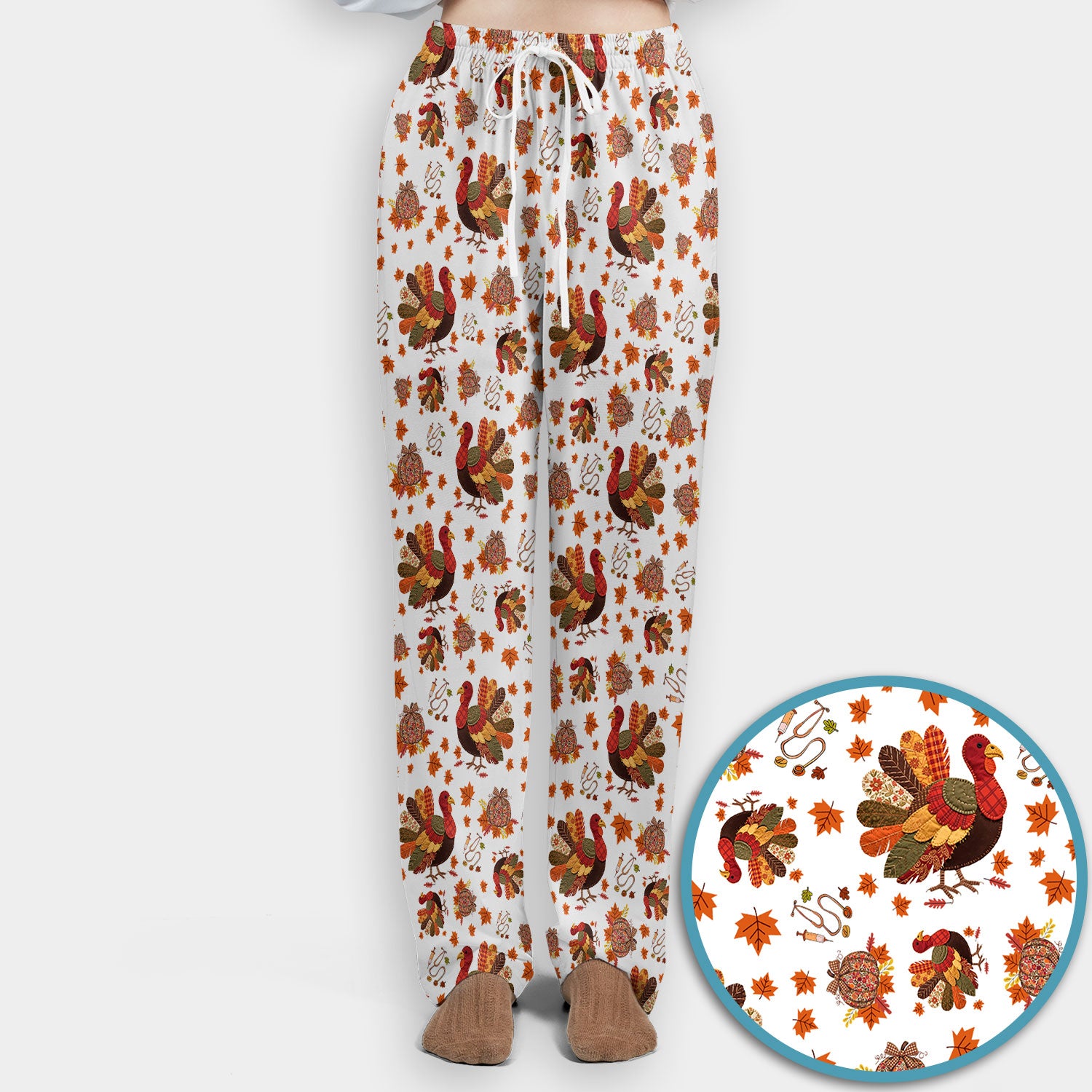 Thanksgiving Turkey Nurse Scrub Sets for Women - Fall Leaves Scrub Pants and V Neck Top - Autumn Nursing Uniform