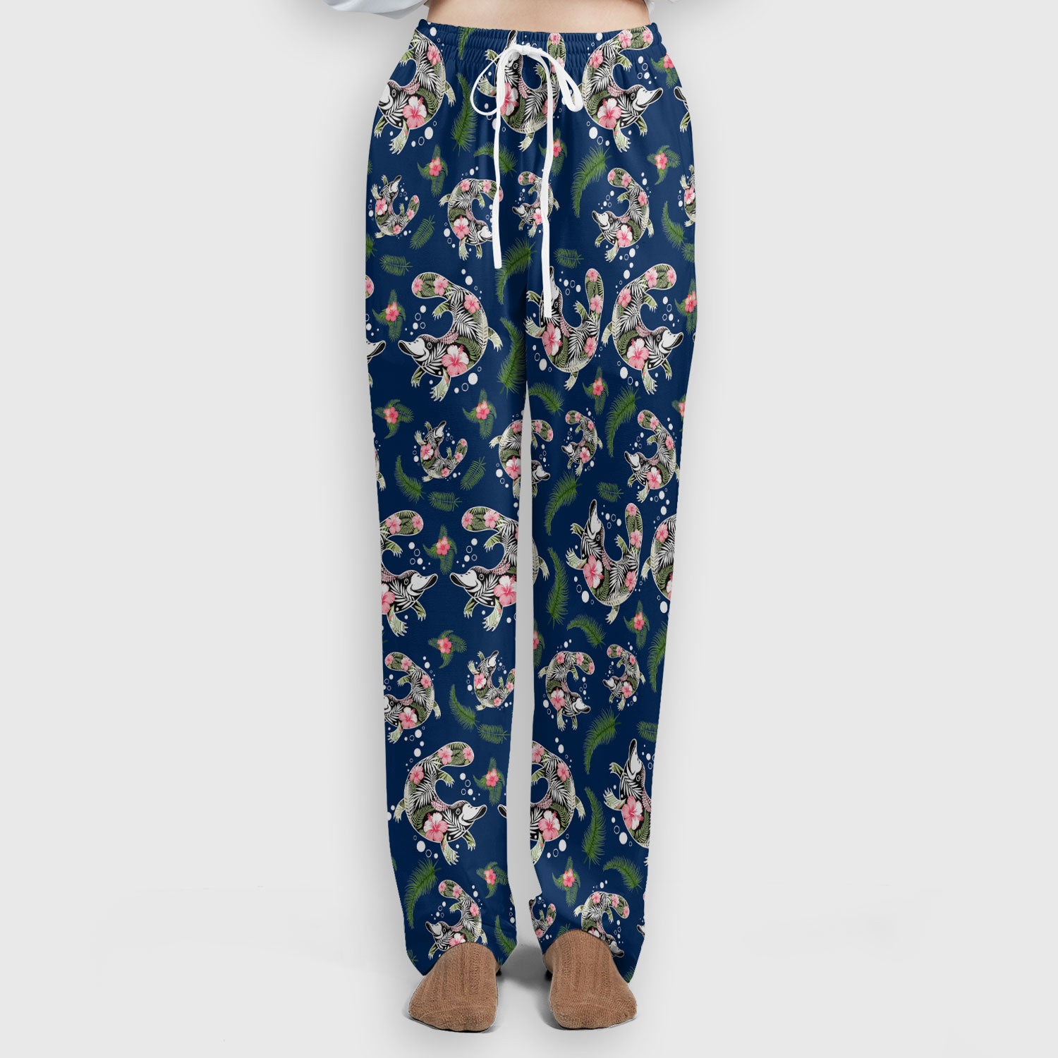 Cute Platypus Scrub Set, Tropical Floral Animal Pattern Nurse Shirt, Breathable Fabrics Nursing Uniform