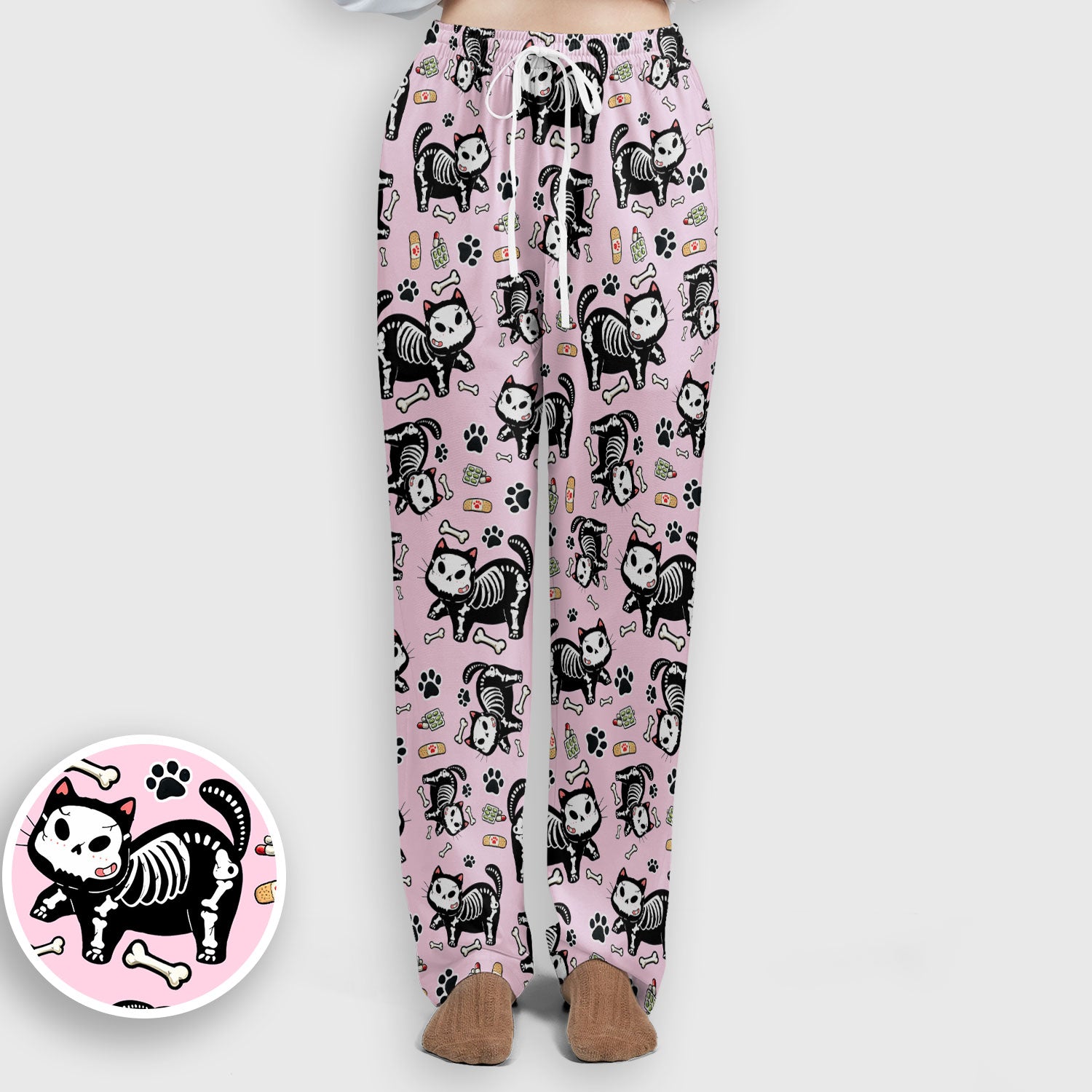 Skeleton Cat Medical Pattern Scrub Set, Scrub Pants and V Neck Top