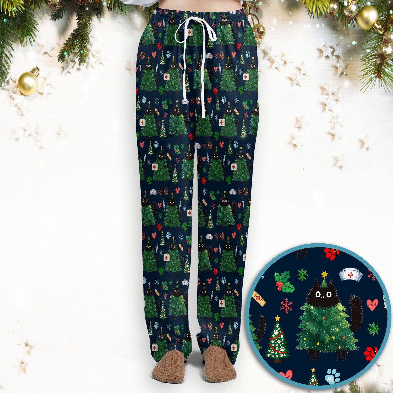 Christmas Nurse Scrub Set, Xmas Black Cat Pattern Nurse Shirt,  Breathable Fabrics Nursing Uniform