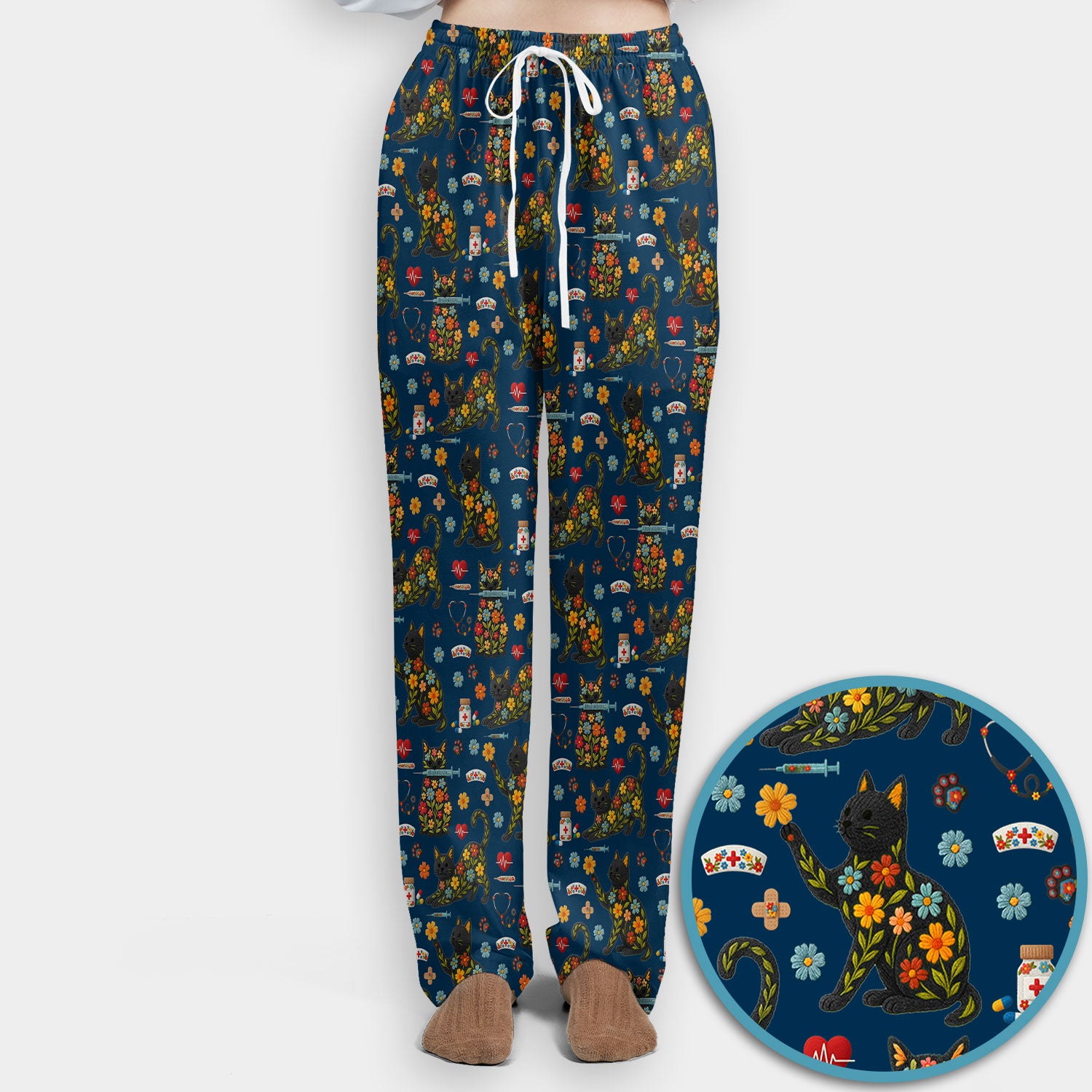 Floral Black Cat Pattern Scrub Set, Cute Cat Nurse Scrub Shirt, Medical Nursing Uniform