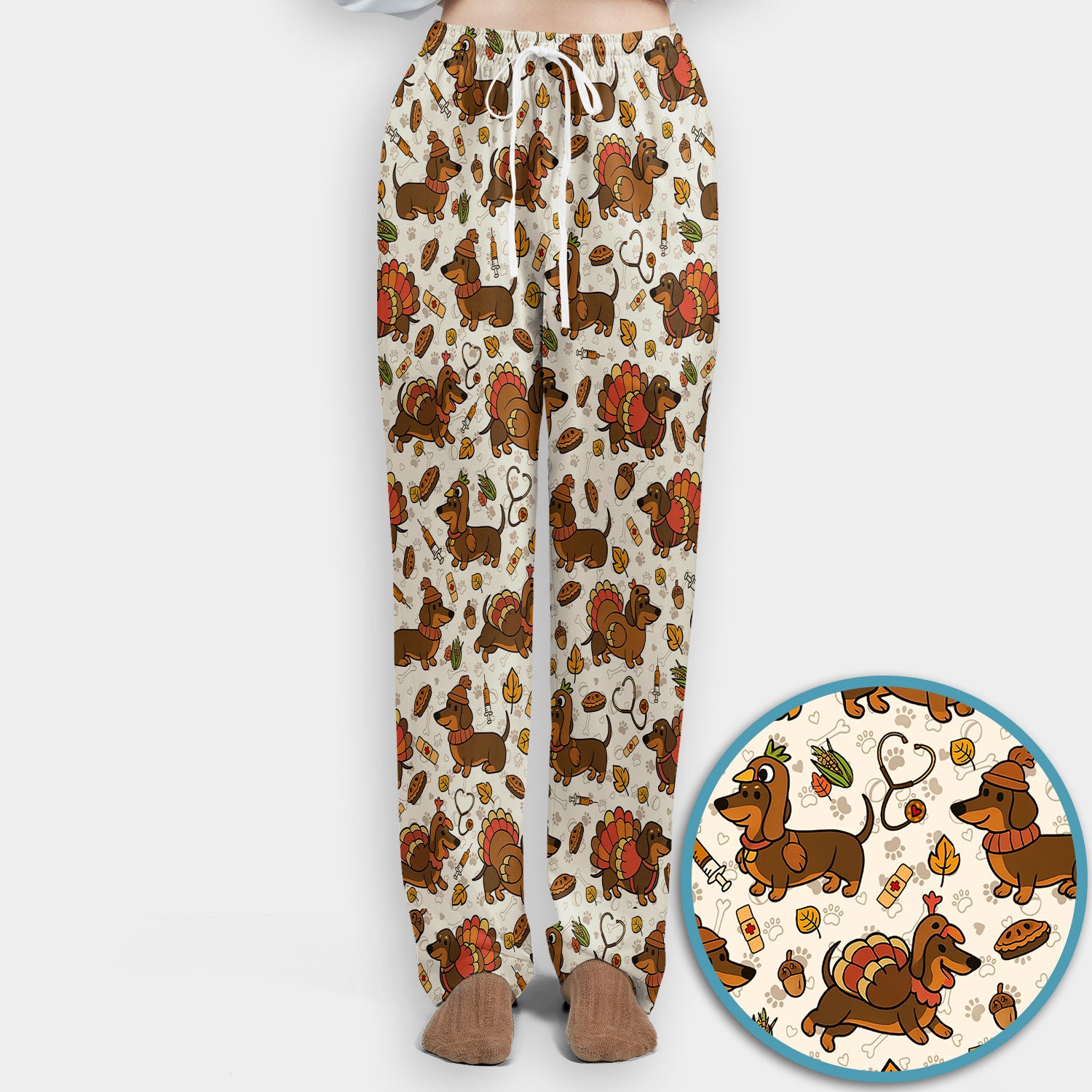 Thanksgiving Wiener Dog Scrub Set - Funny Dachshund Turkey Scrubs Pants and V Neck Top - Fall Winter Gift for Women