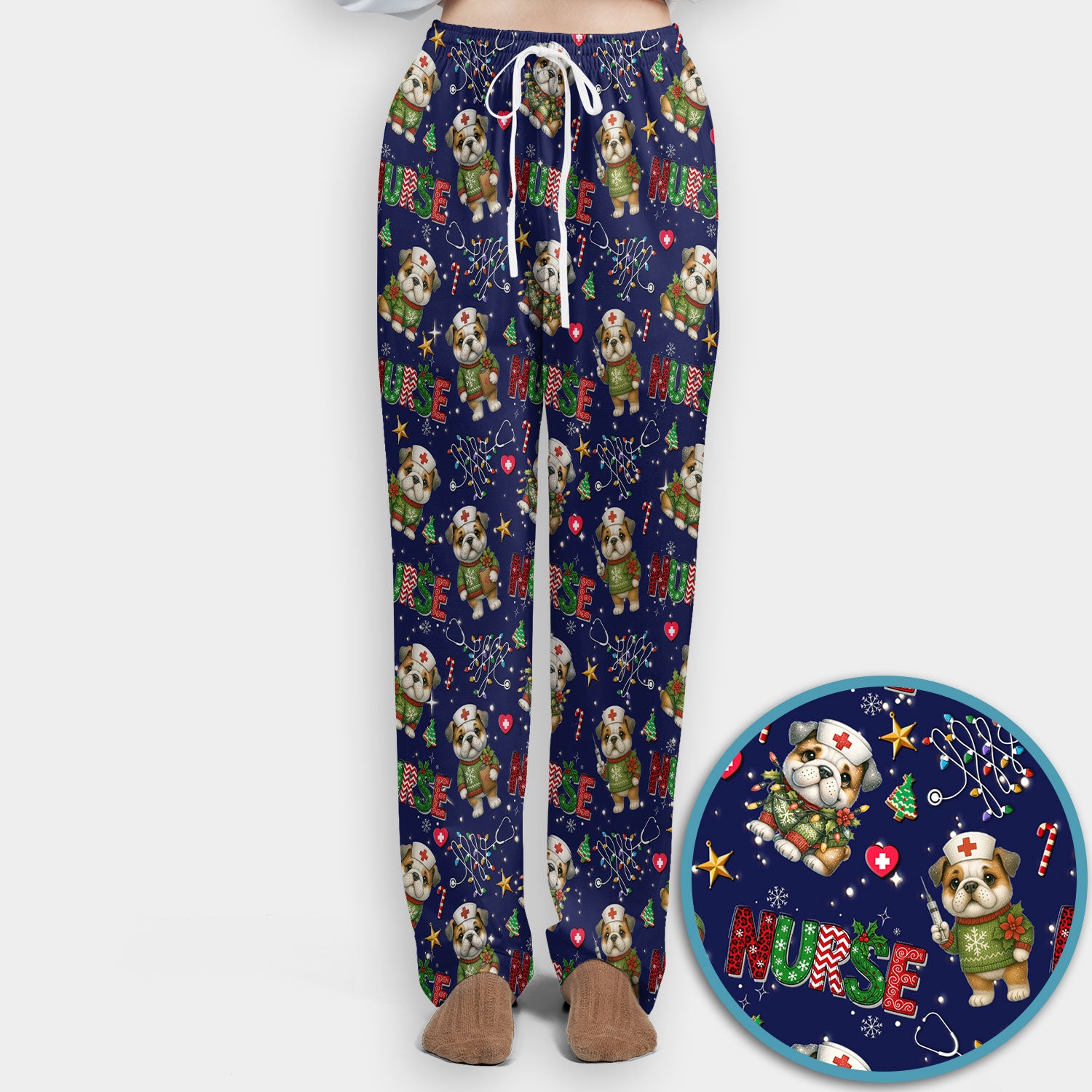 Bulldog Christmas Nurse Scrub Set - Funny Dog Scrubs Pants and V Neck Top - Cute Holiday Medical Uniform