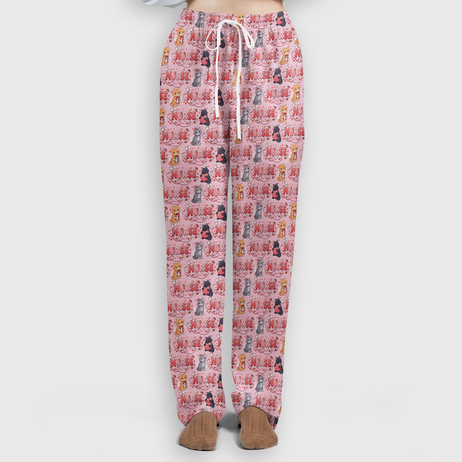 Nurse Cat Heart Pattern Valentine Scrub Set, Women's Scrub Sets V Neck Top