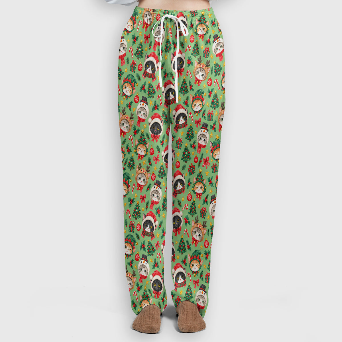 Christmas Cats And Trees Pattern Scrub Set, Scrub Pants and V Neck Top