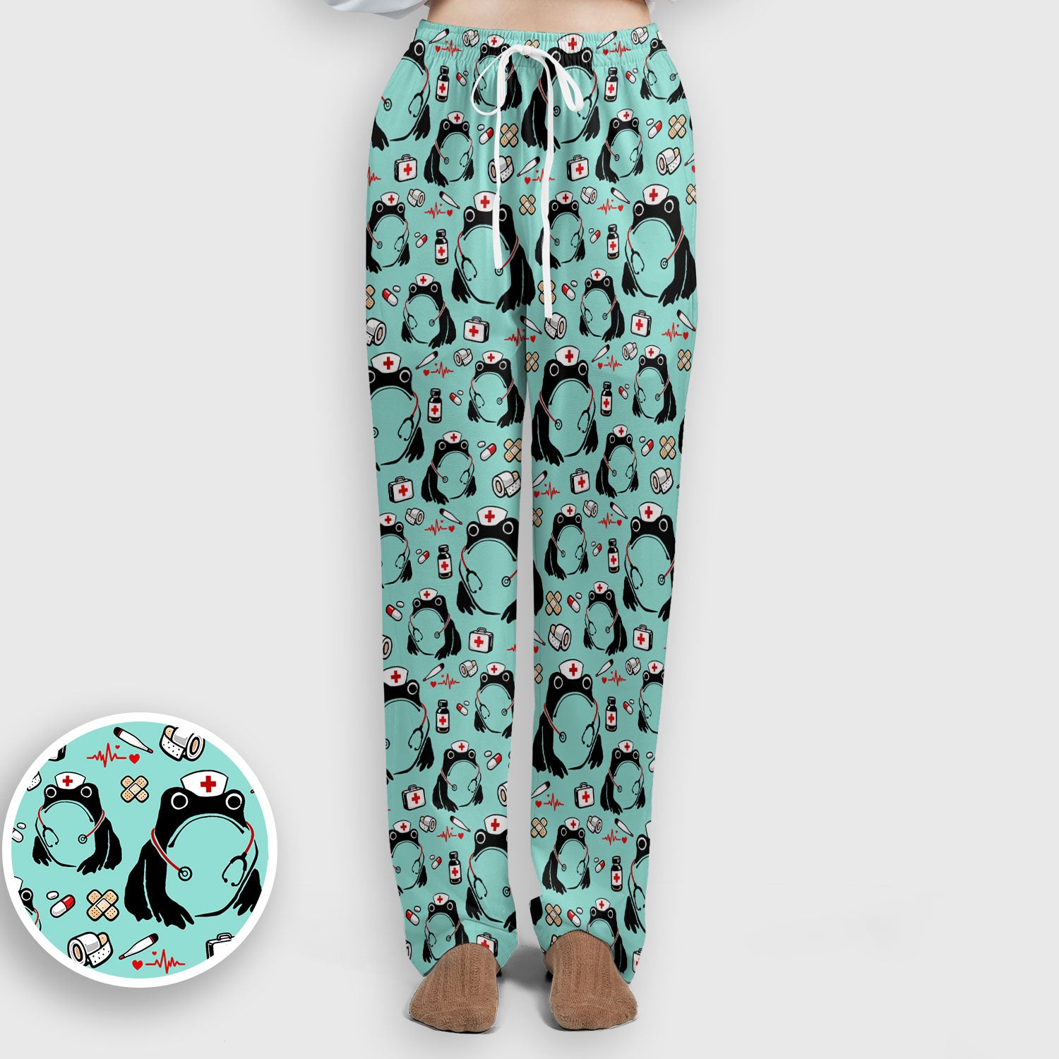 Cute Frog Nurse Medical Pattern Scrub Set, Breathable Med Uniform