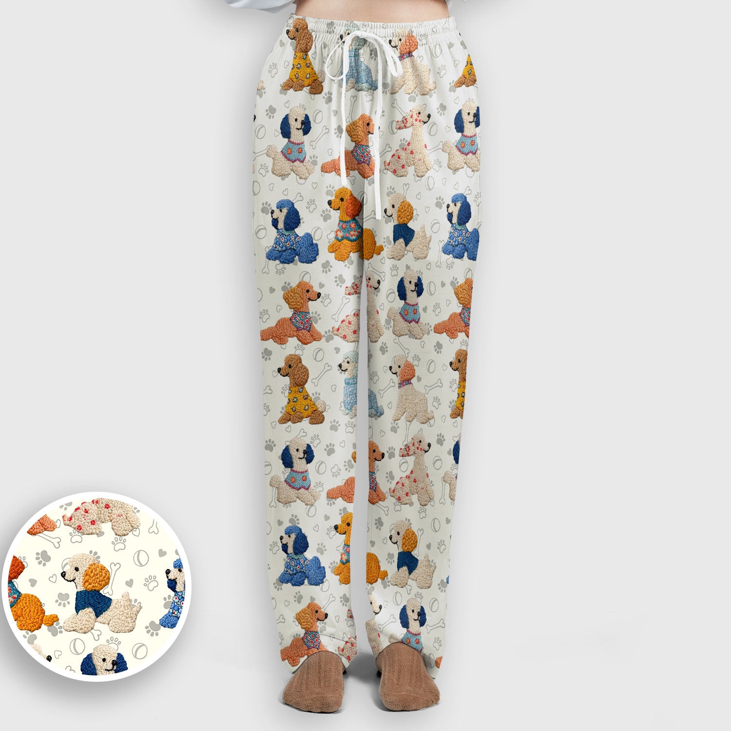 Cute Colorful Poodle Pattern Scrub Set, Scrub Pants and V Neck Top