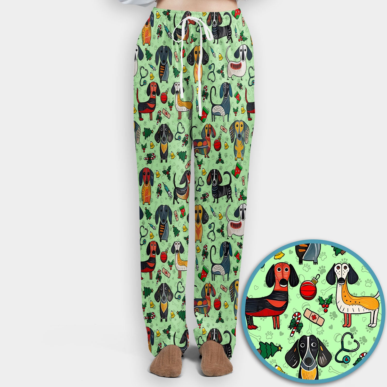 Dachshund Christmas Scrub Set - Cute Wiener Dog Pants and V Neck Top - Holiday Medical Uniform