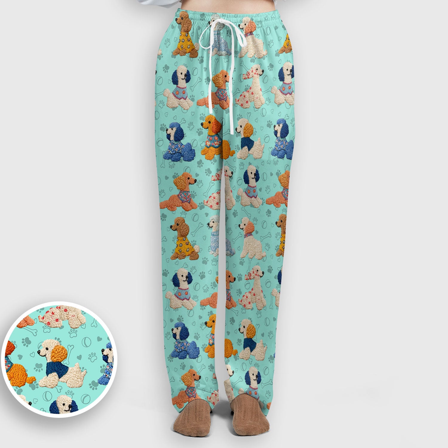 Cute Colorful Poodle Pattern Scrub Set, Scrub Pants and V Neck Top