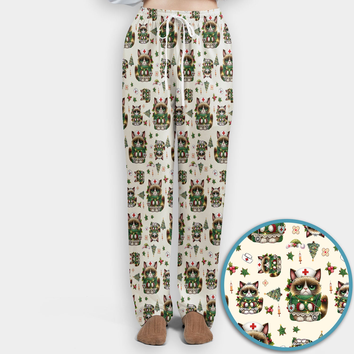 Christmas Nurse Scrub Set - Funny Cat Nursing Scrubs Pants and V Neck Top - Cute Holiday Medical Uniform for Women RN LPN CNA