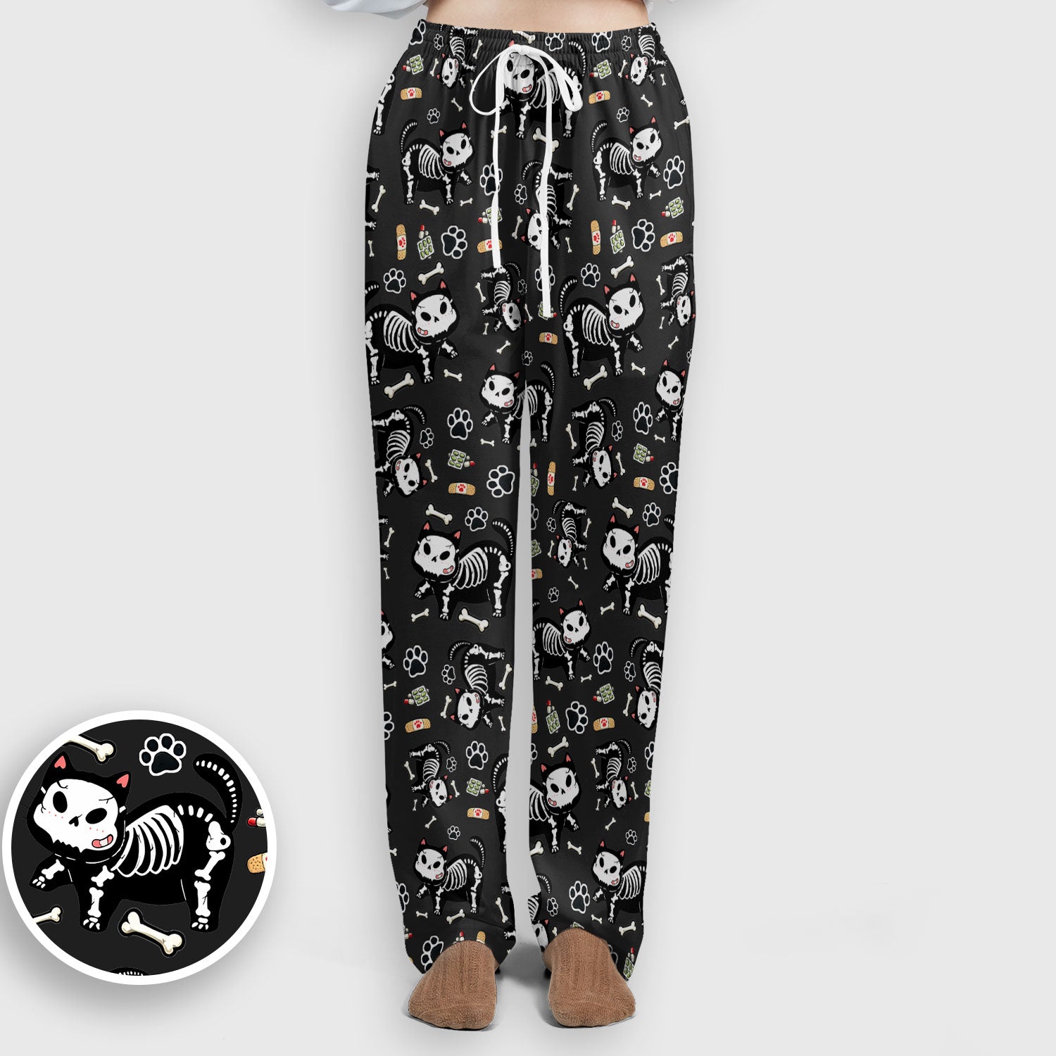 Skeleton Cat Medical Pattern Scrub Set, Scrub Pants and V Neck Top