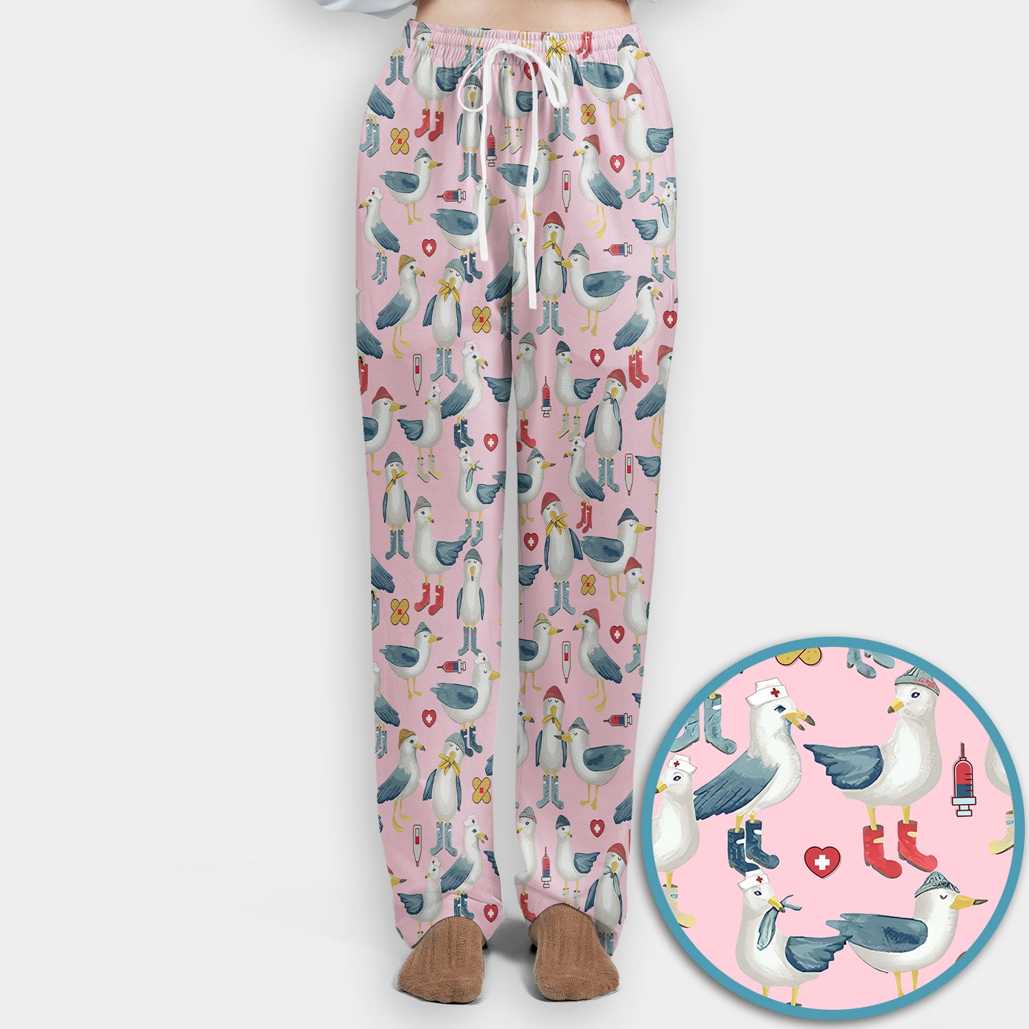 Funny Seagull Nurse Scrub Set - Cute Bird with Medical Icons Scrubs Pants and V Neck Top - Comfortable Scrubs for Women