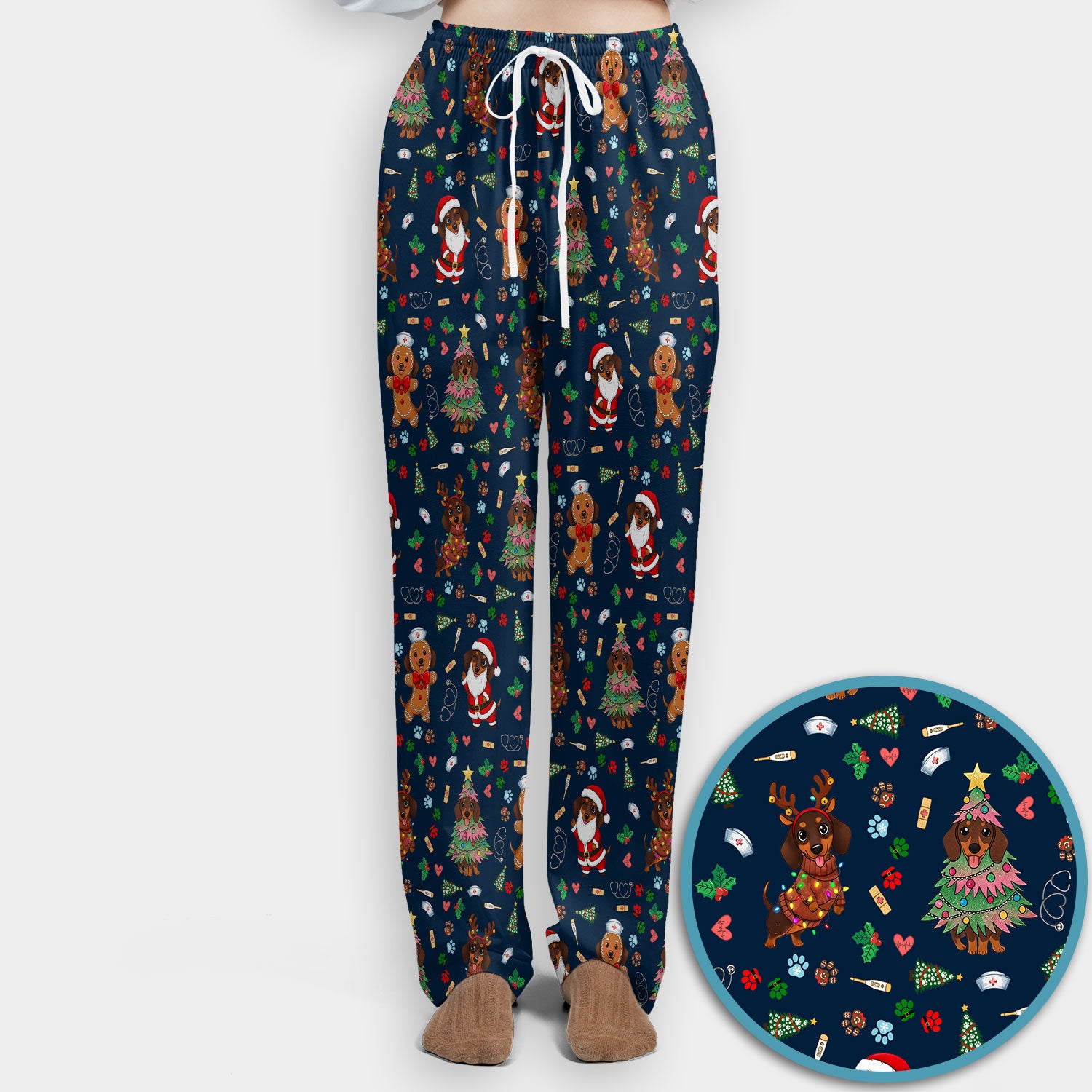Wiener Dog Christmas Scrub Set – Funny Dachshund Pattern Medical Shirt – Festive Holiday Uniform for RN, LPN, CNA, and Vet Techs